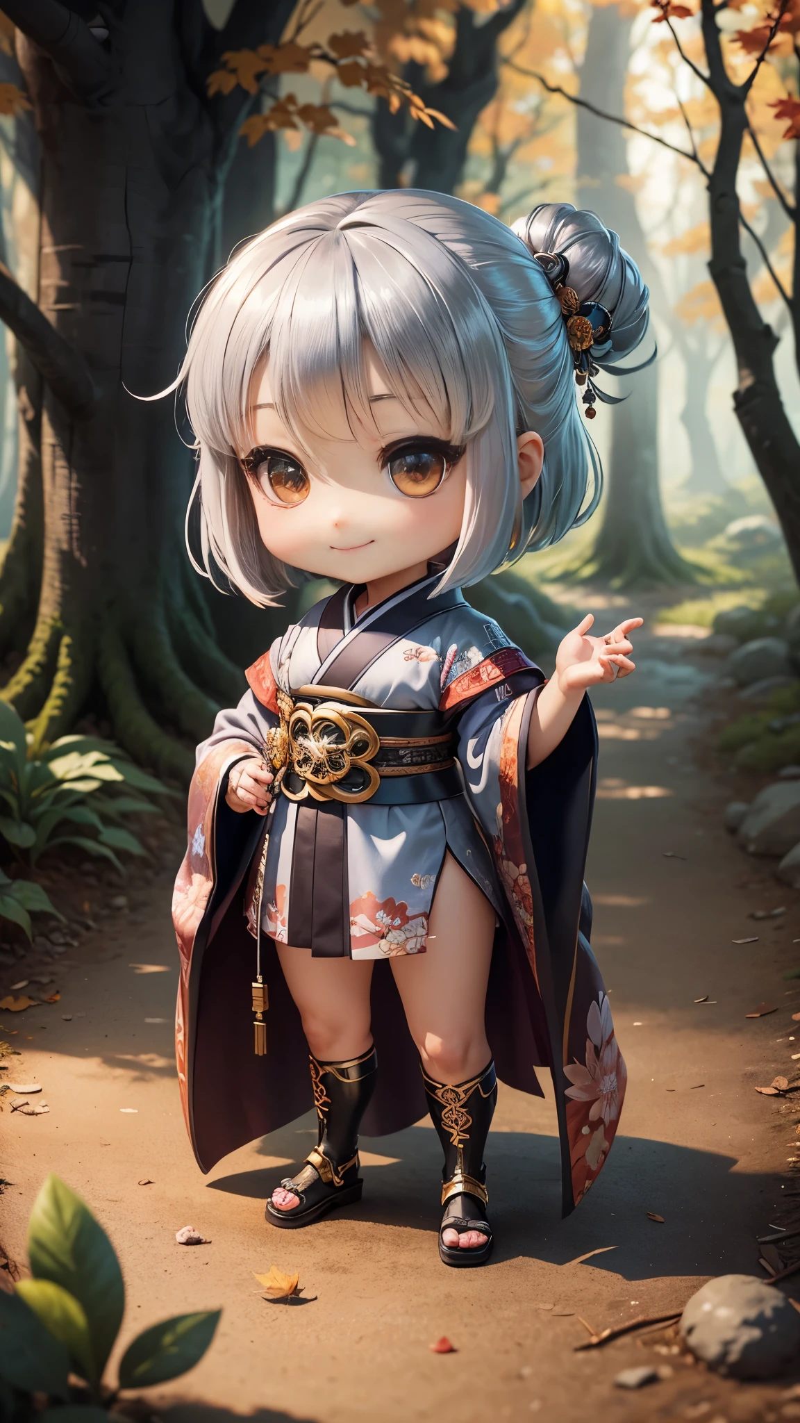masterpiece、highest quality、super detailed、(Chibi character girl:1.2)、official art、Kimono with luxurious embroidery、wraith、Silver Bob、Fairytale autumn forest、Lightning flash shell body standing figure、smile