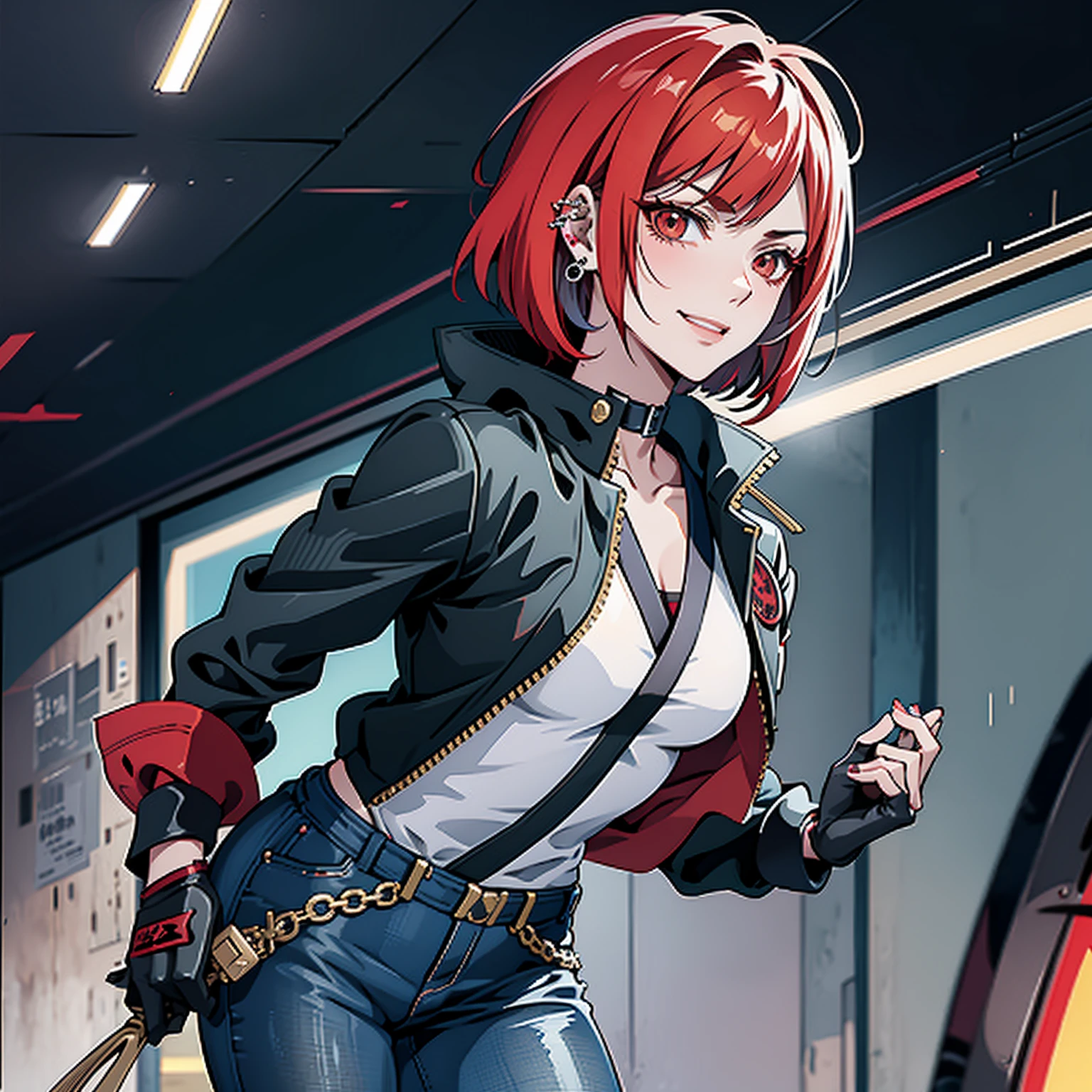 in the art style of persona5 and in the art style of street of rage 4, delinquent, (sukeban), mature_female, blush, mature, older woman, 25 years old, Sukeban teacher outfit, (1girl, solo female, solo, solo focus)++++, choker, sukeban teacher, sukeban fighter, long_sleeves, open jacket, blue jacket,( jean)+++, light skin tone female, (full body)+++++, jacket, biker jacket, tape, arm_support, gloves, red_gloves, bridal gauntlets, nail polish, boots, black_footwear, fighter outfit, (full body)+++++++, hourglass, mature face, cheeky smile, cheeky face, wrinkles, (red hair, short hair, bob cut, earrings, ear piercings), red eyeighting art, Martial arts, standing, fighting_stance, fight, fighting), extra colors, 2D, megapixel, perfectionism, accent lighting, full HD , (Masterpiece:1.2), (full-body-shot:1),(cowboy shot:1.2), (Highly detailed:1.2),(anime Detailed Face:1.2), Colorful, A detailed eye, (Detailed landscape:1.2), (natural lighting:1.2), ((sukeban school teacher)) by Vincent Di Fate: Aidyllery, Anamorphic Shot, rule of thirds, face by Artgerm and WLOP,