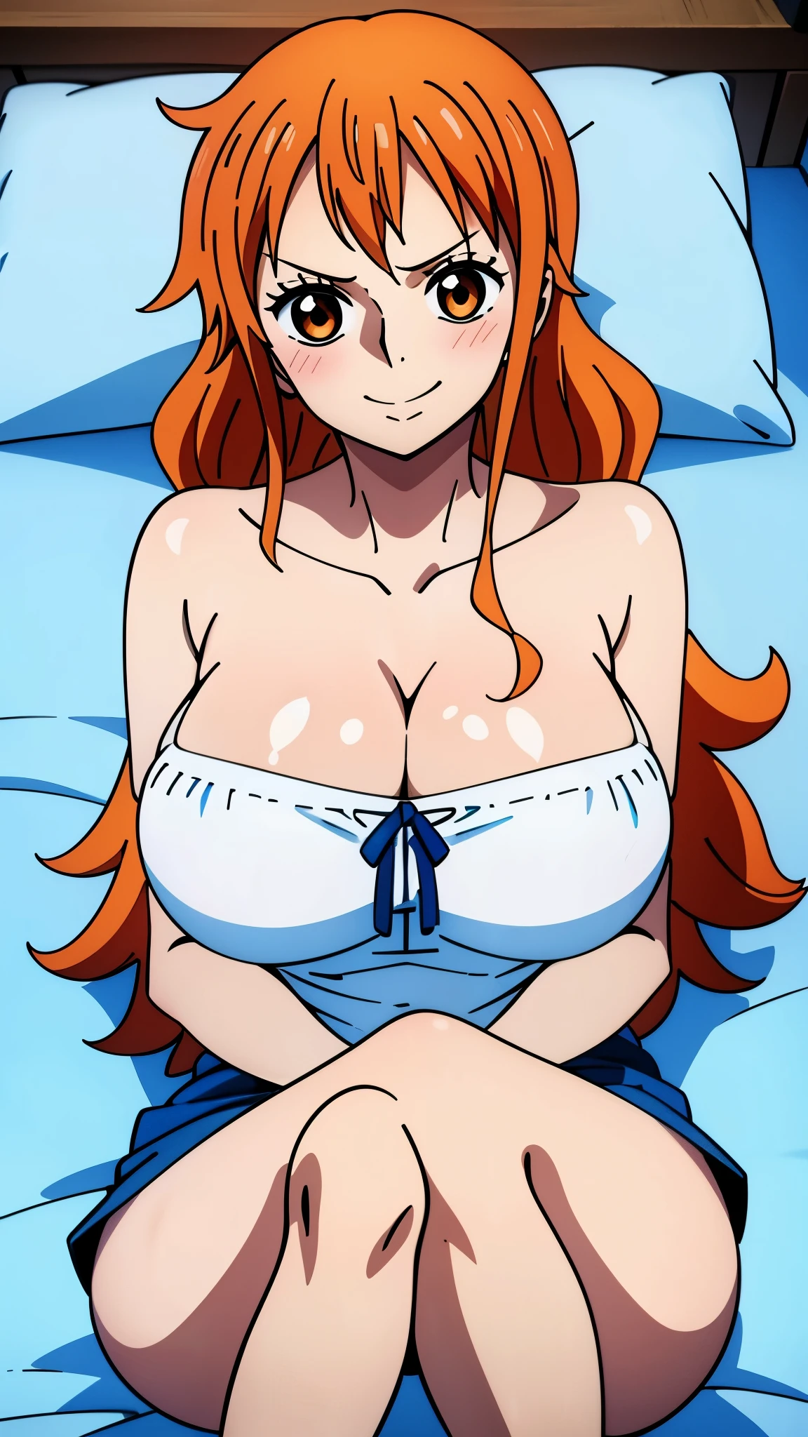 Blue and orange gradient inksplash effect background, wallpaper , materpiece, best quality , 4k , ultra hd , 1 character , 1 girl , solo , alone , seule , nami , orange hair , long hair ,brown eyes  , white shirt , miniskirt , sexy legs , huge boobs , tight shirt , shiny skin , extremly detailed,  cleavage , looking at viewer , lying on bed ,side boob , eating a banana, sensual sucking banana , blush ( blush3.4) , arousing smile , horny