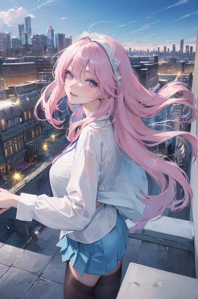 official art, masterpiece, Sharp focus beautiful gorgeous cute korean woman:1.3), (beautiful and cute korean:1.3), Korean beauty, exquisite beautiful hair、eyes and face, actual, Super detailed, beautiful girl, blue sky, Luminous white particles, (side light:1.2), sun light, Baiyun, Detailed cloud, Slender, buttocks, smiling with teeth, ((Smile with your eyes, open both eyes)), landscape, long, straight hair, sexy facial expression, architecture, (city View:1.7), dynamic hair, long, straight hair, Detailed platinum pink hair, Luminous Blue Eyelue Pleated Shirt + Short white skirt), white stockings, pale skin, hair accessories, epic landscape,night，show lace