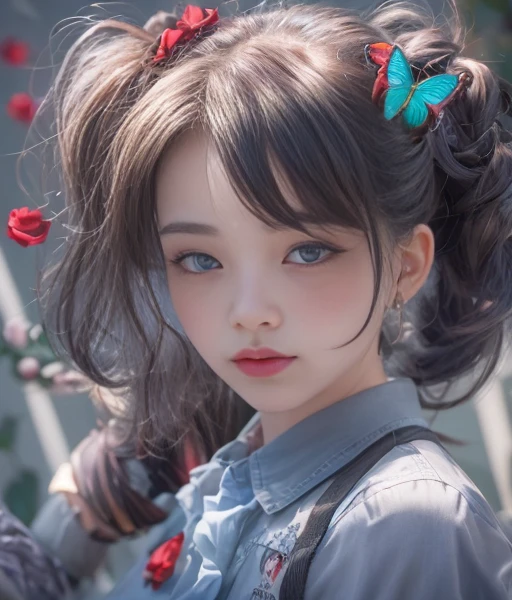 best quality, ultra-detailed, realistic:1.37, schoolgirl, school uniform, coiled hair, hair bun, hairpin, red rose, blue butterfly, white rabbit, signboard, mysterious, light and shadow, proper proportions, aesthetics, atmosphere