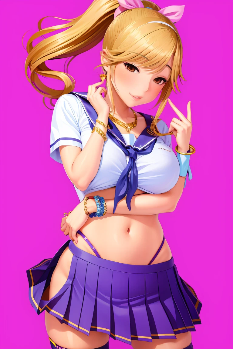 8k, solo beautiful (kogal gyaru) girl, Manaka Takane, ponytail, hair ribbon, false smile,
golden accessory, jewelry, bracelet, [makeup], 
school uniform, serafuku, pleated skirt, zettai ryouiki, skindentation, 
posing for a photo, sexually suggestive, giggling,