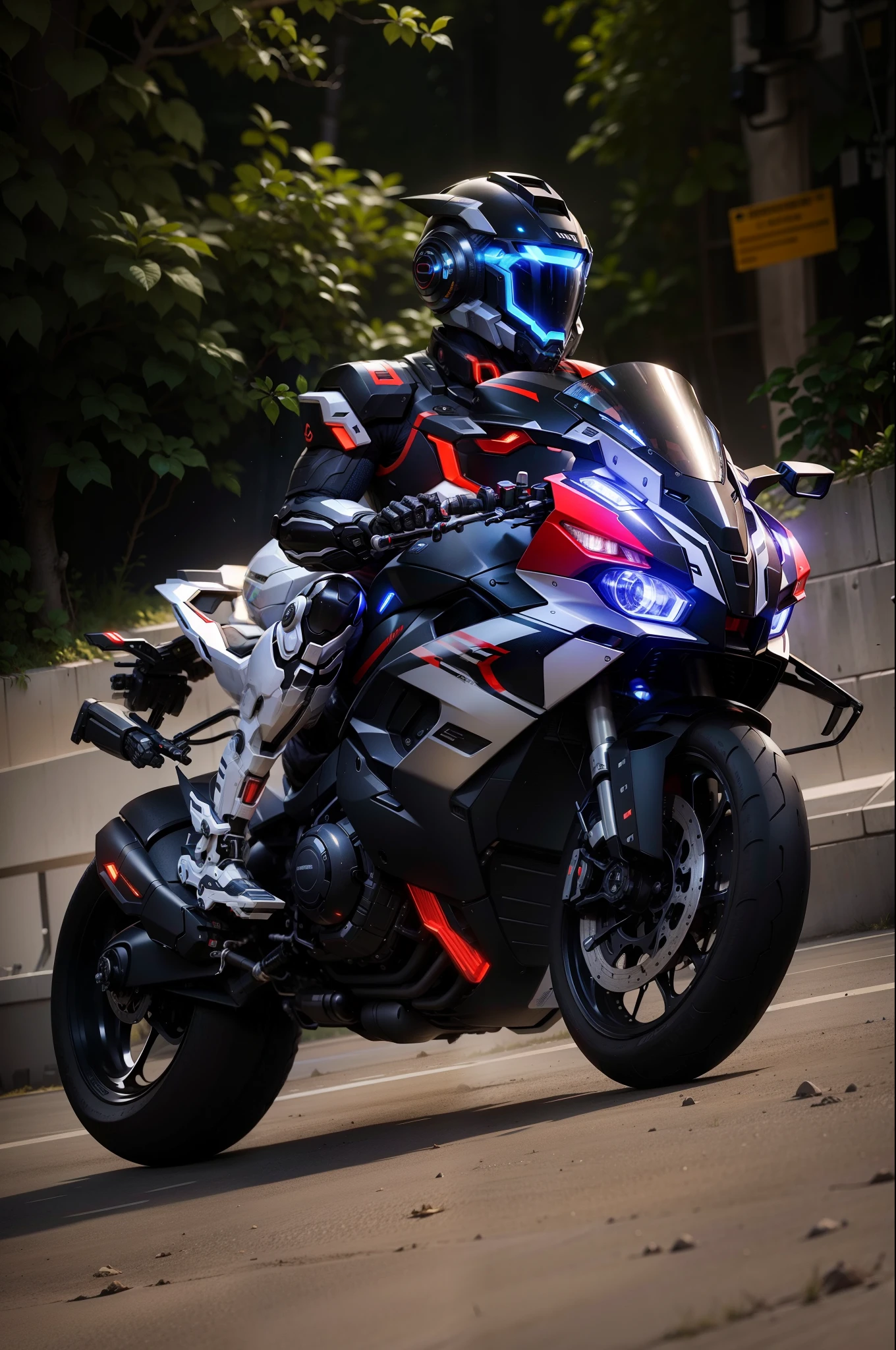 Handsome full body black mecha white short hair cyber handsome warrior, Black Cyber Mechanical Motorcycle, High-tech black full-face helmet, white short hair, Noor, biology, MSHN Robot Man, High-tech helmet, Surreal, steel, complex design, Crazy details, fine details, The lines are extremely clear, movie lighting, Photorealism, detailed masterpiece