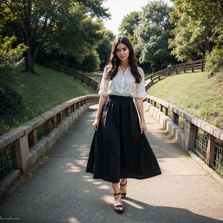 A beautiful girl wearing a long skirt posing for a photo on top of a small bridge in a park 