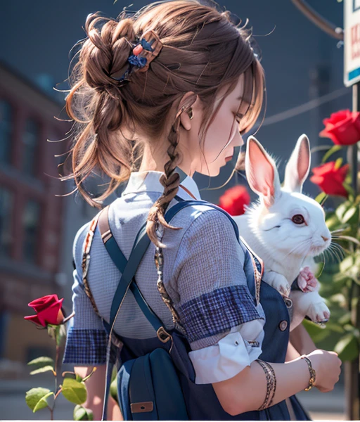 best quality, ultra-detailed, realistic:1.37, girl, school uniform, coiled hair, hair bun, hairpin, red rose, blue butterfly, white rabbit, signboard, mysterious, light and shadow, proper proportions, aesthetics, atmosphere