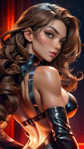 ((work of art)), ((best quality)), ((Point of view, from behind):1.6),a woman, 30 years old, (female beauty), ((perfect Skin)), skin she is fair and tanned, with a healthy appearance, ((perfect Skin): 1, 2), (perfect_face), (proportions of the face and eyes in harmony), (perfect_face: 1.4), ((Long and curly hair, light brown hair): 1.4), shows the bust, perfect skin, perfect face, ((seduction_Appearance)), Mysterious appearance, scary and inviting at the same time, ((Seductive appearance): 1.0). Her name is Revenge, a former agent, genetically created to be a secret agent specialized in all espionage strategies, decided to rebel and now persecutes her creators.