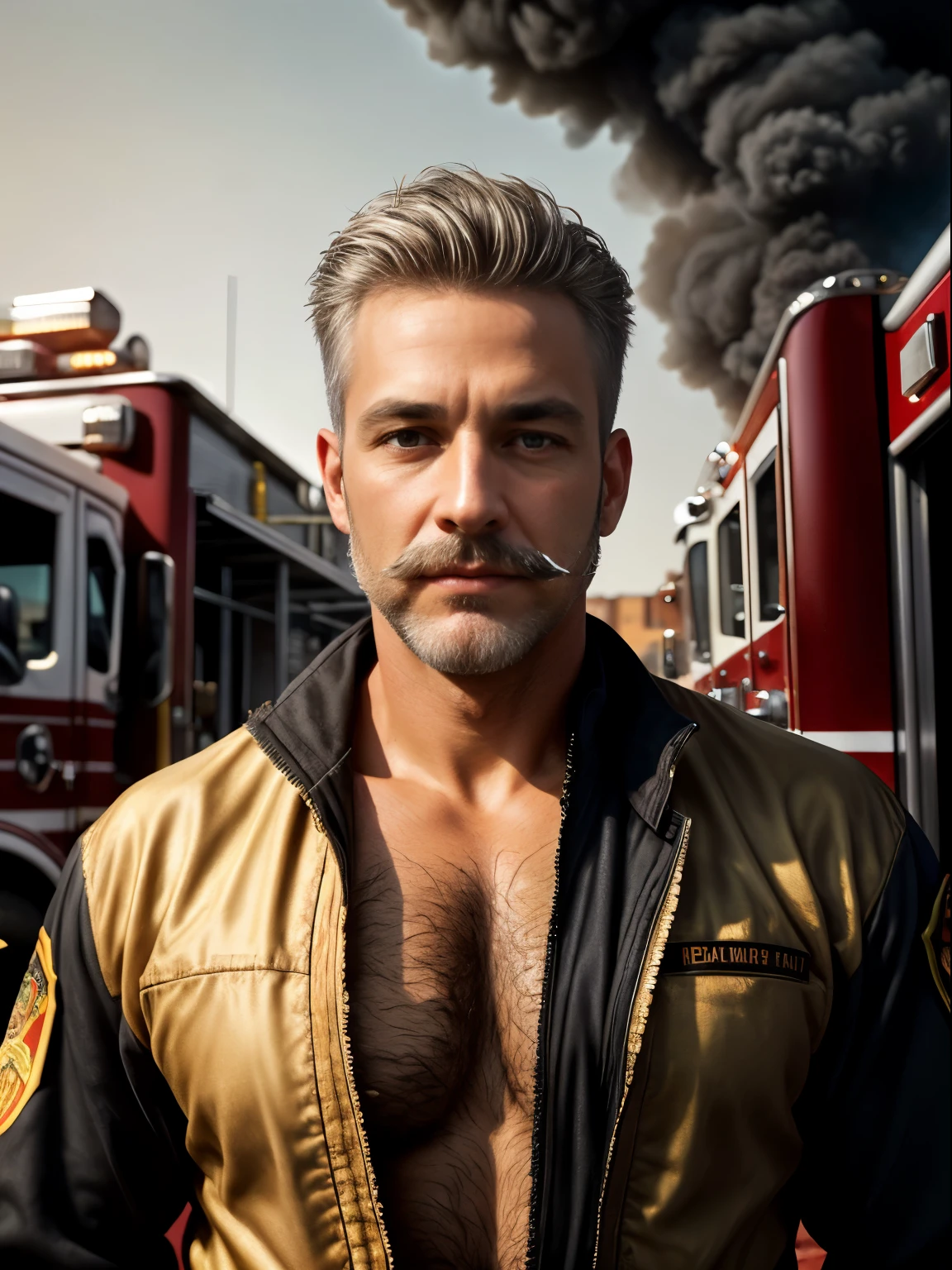 masterpiece, best quality, high resolution, closeup portrait, male focus, solo focus, A man, 50 years old, with firefighter uniform, firefighter suit, firefighter, bleached blonde silver hair, messy short hairstyle, cute and seductive face, bare chest, body hair, facial hair, facial hair unshaved, roman nose, very skinny body, scruffy, hairy legs, dimples, medium beard, mustache, bold jawline , in the background a fire station, view from below, amazing composition, front view, HDR, ultra quality, elegant, highly detailed