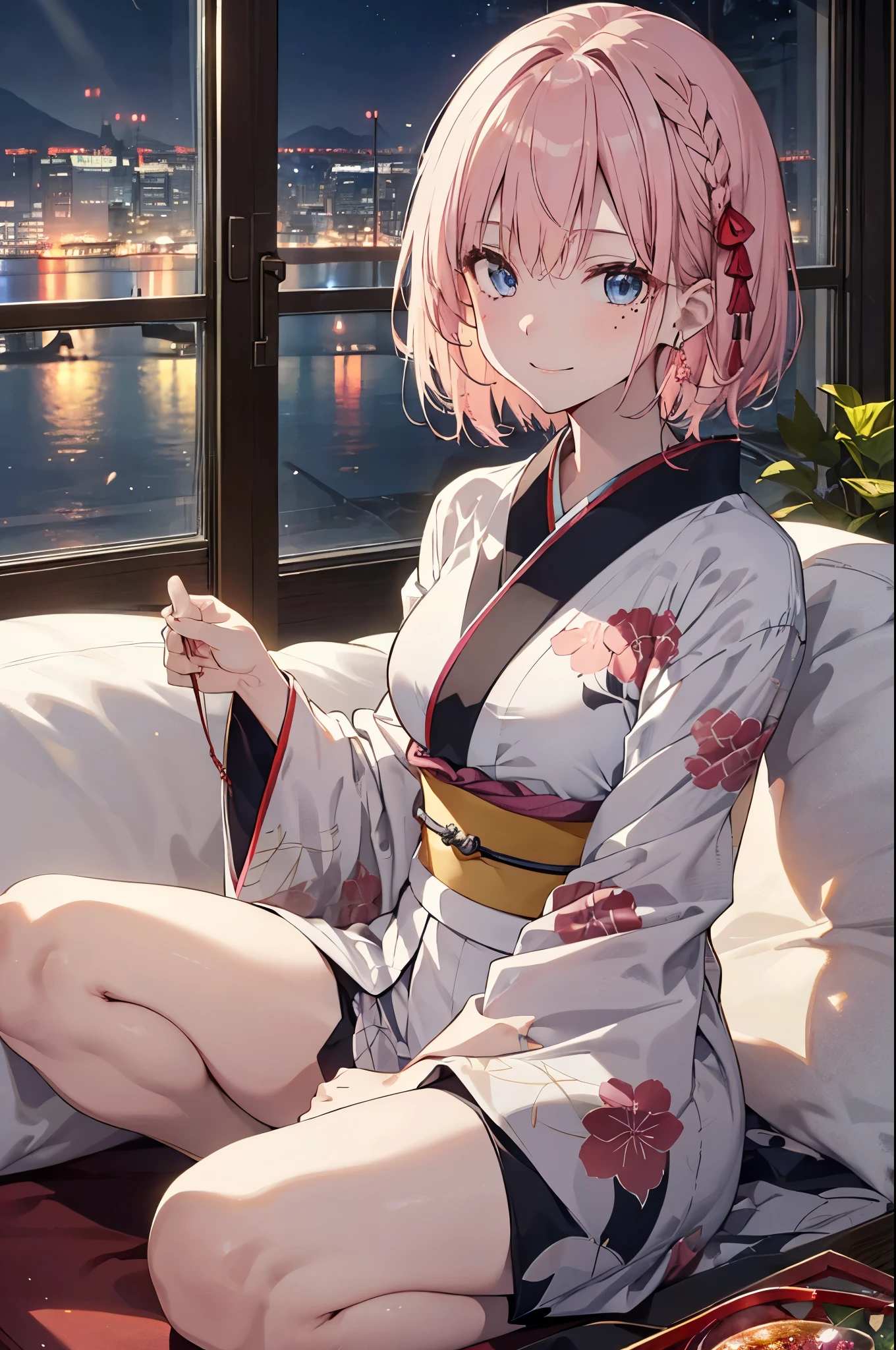 （girl with lewd appearance:1.3）、(night:1.5)、(firm chest:1.4)、Raw photo, highest quality, High resolution, (masterpiece), (photoreal:1.4), (mole under eye),anime , sharp focus, nffsw, 8K resolution, intricate details, Depth of the bounds written, Highly detailed CG Unity 8K wallpaper, with front light, woman,25 years old、 smile,(tying  hair:1.5)、(medium short pink hair)、blue eyes,(home living room:1.5)、(sitting on the sofa:1.3)、(full body description)、seiza、kimono、(New Year:1.5)、new year、celebration、new year&#39;s greetings