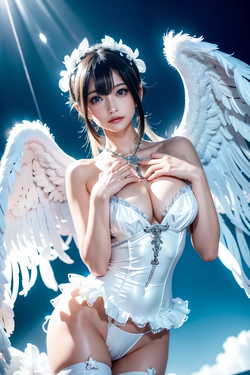 masterpiece, (best quality:1.2), [:intricate details:0.2], 1girl, large breasts, angel, angel wings, white frills, (daytime sky), shimmering aura, intense focus, crackling energy, mysterious symbols, sparkling motes,