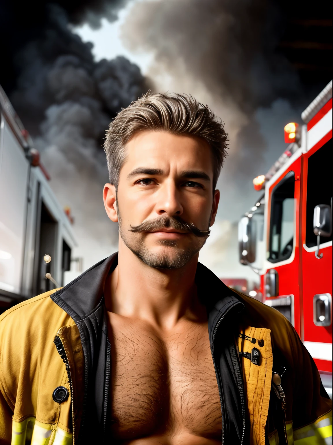 masterpiece, best quality, high resolution, closeup portrait, male focus, solo focus, A man, 50 years old, with firefighter uniform, firefighter suit, firefighter, bleached blonde silver hair, messy short hairstyle, cute and seductive face, bare chest, body hair, facial hair, facial hair unshaved, roman nose, very skinny body, scruffy, hairy legs, dimples, medium beard, mustache, bold jawline , in the background a fire station,  view from below, amazing composition, front view, HDR, ultra quality, elegant, highly detailed