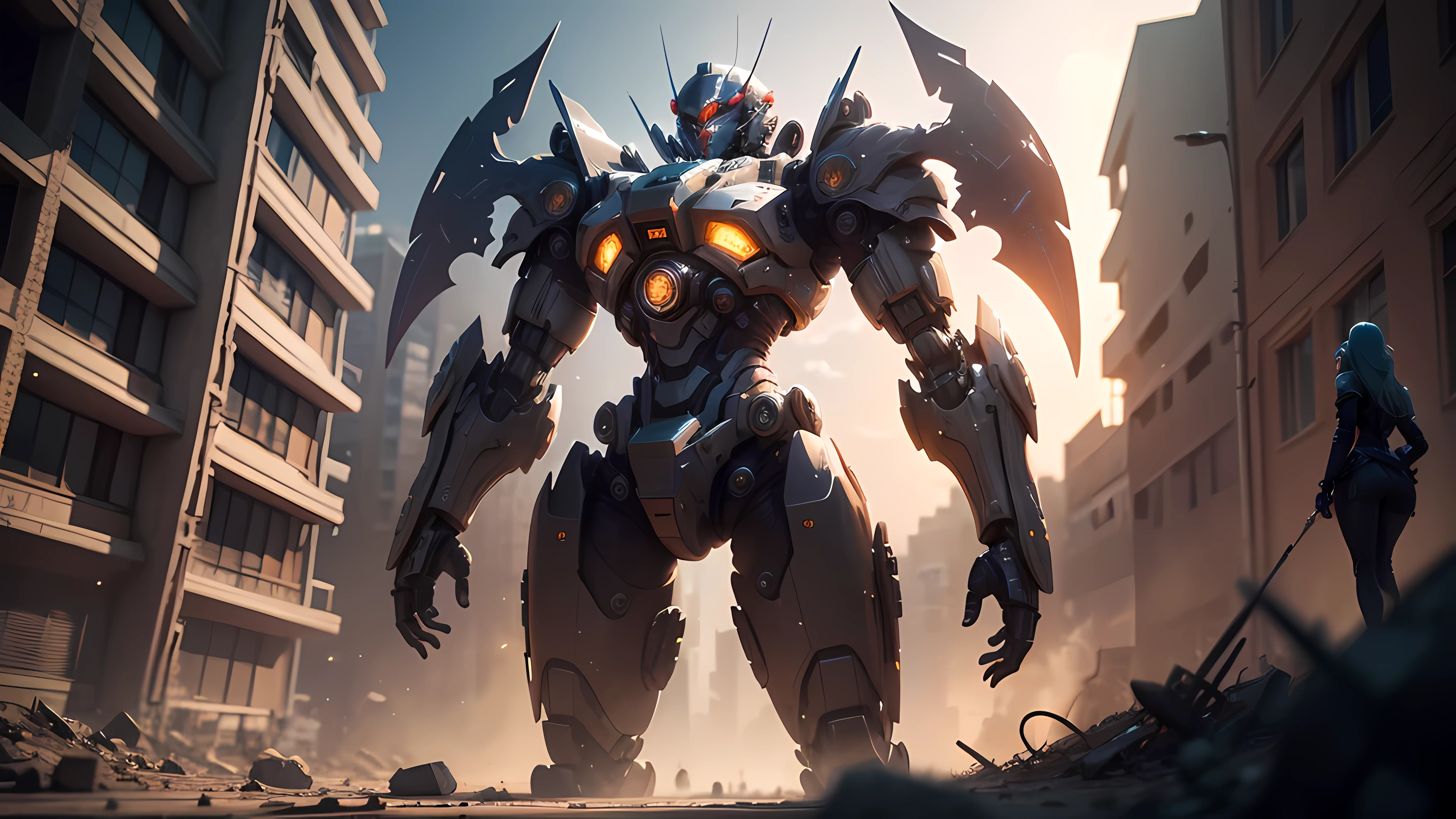 ((Best quality)), ((masterpiece)), (highly detailed:1.3), 3D,Shitu-mecha, beautiful cyberpunk women with her mecha in the ruins of city from a forgoten war, ancient technology,HDR (High Dynamic Range),Ray Tracing,NVIDIA RTX,Super-Resolution,Unreal 5,Subsurface scattering,PBR Texturing,Post-processing,Anisotropic Filtering,Depth-of-field,Maximum clarity and sharpness,Multi-layered textures,Albedo and Specular maps,Surface shading,Accurate simulation of light-material interaction,Perfect proportions,Octane Render,Two-tone lighting,Low ISO,White balance,Rule of thirds,Wide aperature,8K RAW,Efficient Sub-Pixel,sub-pixel convolution,luminescent particles,light scattering,Tyndall effect