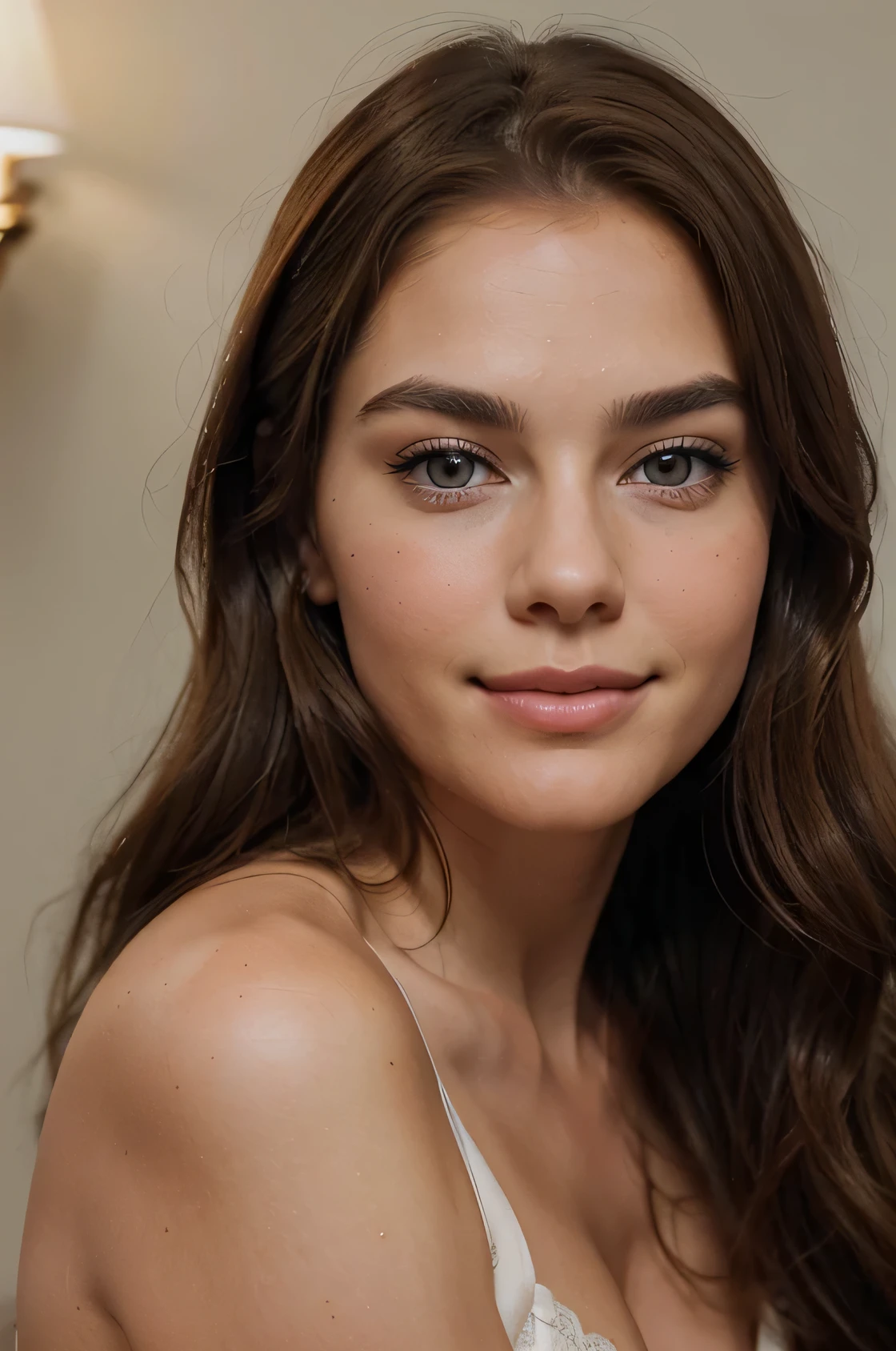 Please generate an image of a young woman . She has brown hair, big, blue eyes, a subtle smile, and a natural makeup look. The picture should show her with light makeup, and she should not be looking directly into the camera.The body should appear realistically natural. . Her features should be similar to those of Brooke Shields and Margot Robbie.