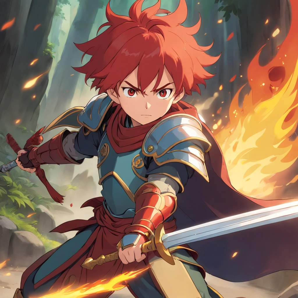 A young warrior boy, character design sheet, character turnaround, fullbody, big sword, flame on one hand, Red hair, armor suit, angry face, Brave boy, sharp focus, uhd