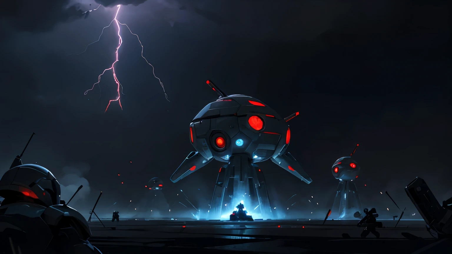 soldier perspective, several soldiers, war field, ranged fighting, death, several dead, explosions, androids, destroyed robots, distant planet, flying ships, night, raining, lightning, thunder, best quality, futuristic style , isometric