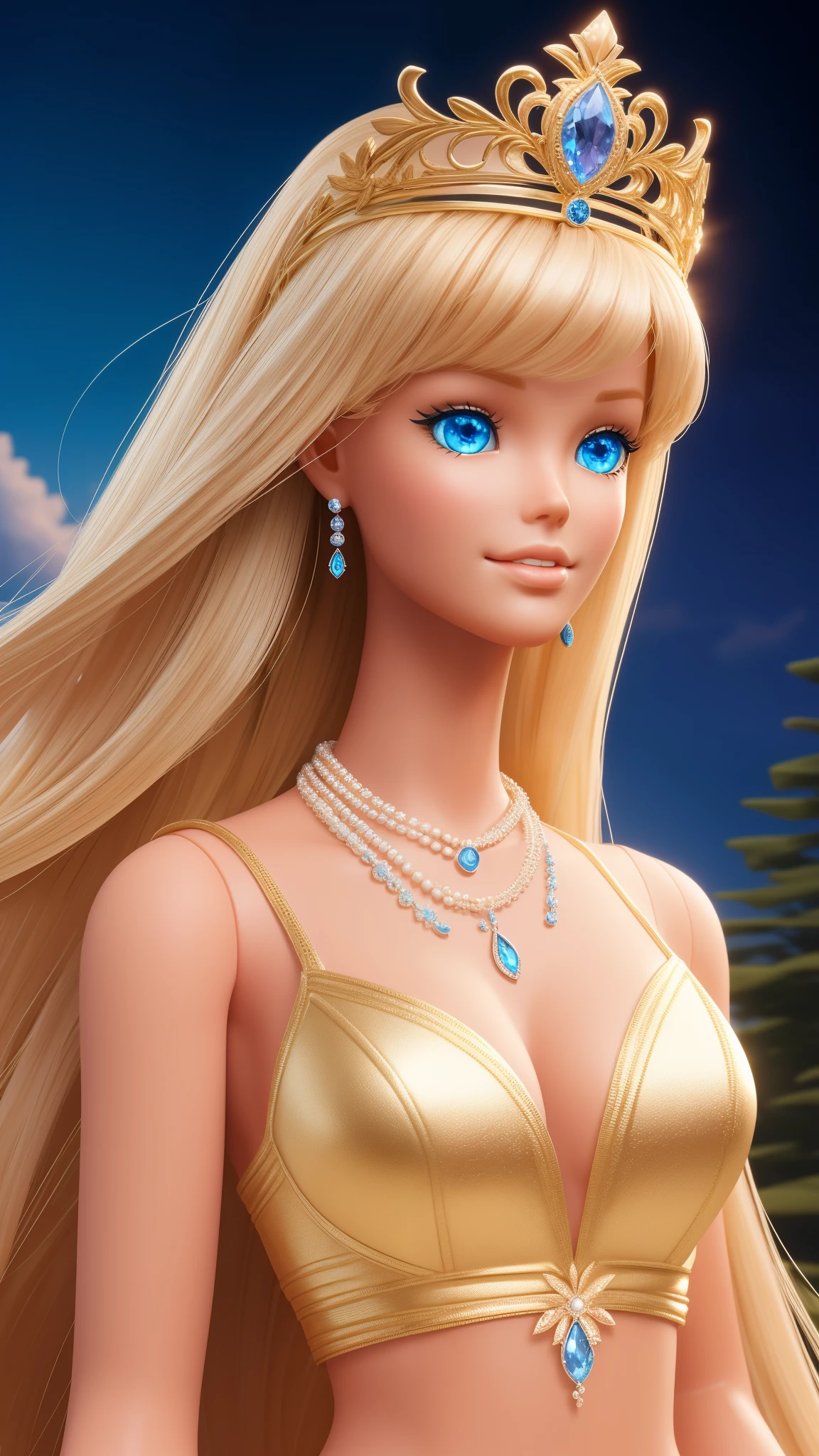 tall blond (Barbie) princess (doll) portrait, Delicate detailed face, animated, detailed white skin texture, long golden hair, adorable, Clean, wide smile, glowing blue eyes, blue colored pupil, (silky pink bikini), luxurious tiara, gloss, fresh flowers, (landscape), (ocean), mountains, pine forest, centered golden frame, center, diamond necklaces, pearls, Disney style, high resolution, official art, unreal-engine, high dynamic range, OctaneRender, (render), cinema4d, sun ray, porcelaine, looking at viewer, depth of field, from below, masterpiece, 8K, best quality, anatomically correct, close-up,