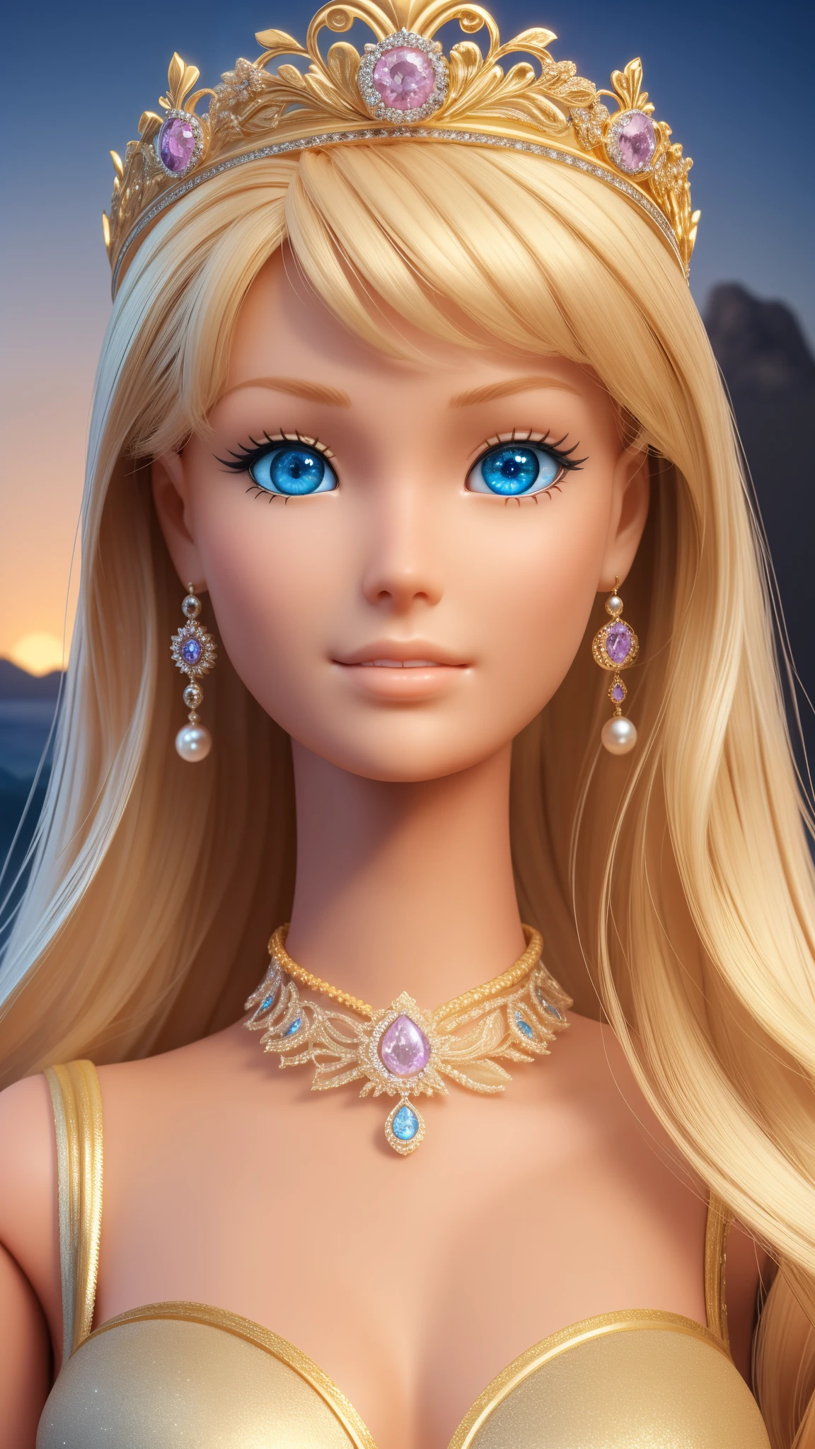 tall blond (Barbie) princess (doll) portrait, Delicate detailed face, animated, detailed white skin texture, long golden hair, adorable, Clean, wide smile, glowing blue eyes, blue colored pupil, (silky pink bikini), luxurious tiara, gloss, fresh flowers, (landscape), (ocean), mountains, pine forest, centered golden frame, center, diamond necklaces, pearls, Disney style, high resolution, official art, unreal-engine, high dynamic range, OctaneRender, (render), cinema4d, sun ray, porcelaine, looking at viewer, depth of field, from below, masterpiece, 8K, best quality, anatomically correct, close-up,