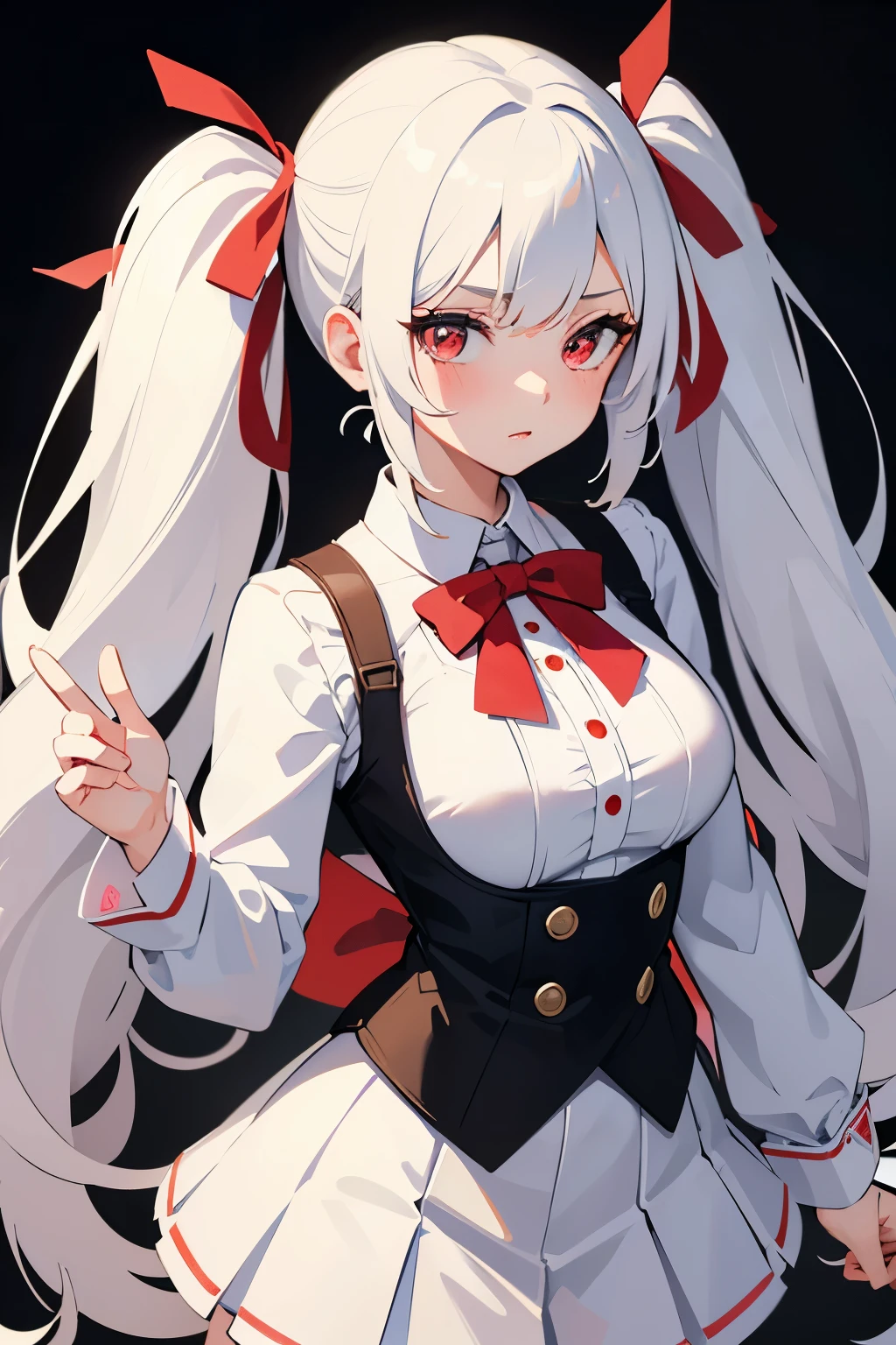 Anime girl with long white hair and red bow in uniform - SeaArt AI
