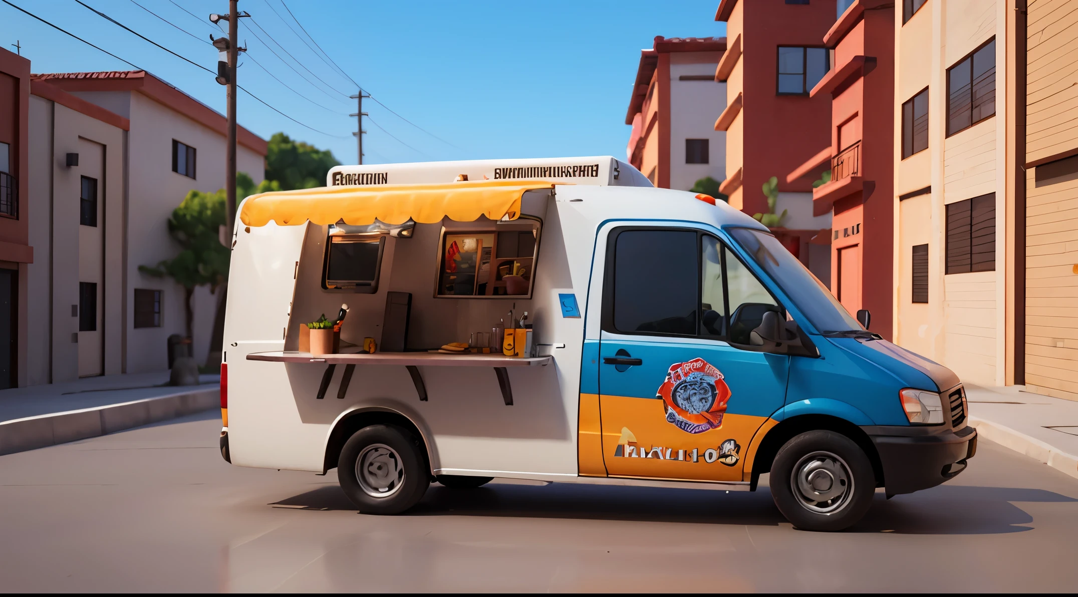 3d illustration food truck, fundo desfocado, cinematic lighthing, UHD, master part, alta qualidade, Alto, 8k, 1080P, detalhes complexos: 1.12, detalhes complexos, hiperdetalhado: 1.15, obra-prima