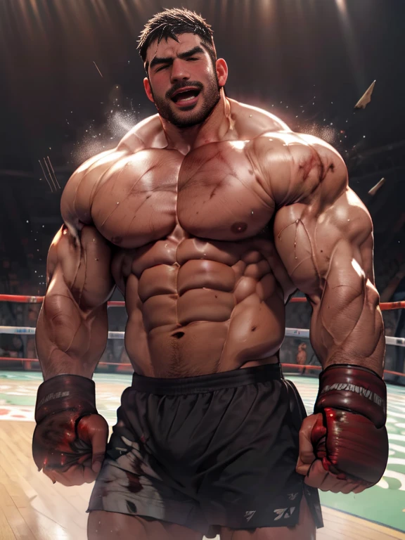3D Photorealistic, Masterpiece realistic, hi-res, best high quality, perfect details, RAW Photo, intricate details, nice lighting, 4K, detailed background, In the championship boxing match, A determined muscular boxing champion 45-year-old man, perfect wrinkle wearing pure white boxing trunk and red boxing gloves, wide abs (wide abs:1.2), crowded audiences and nice lighting, nice face lighting, serving a boxing battleground, very nice eyes, flickering glow adding to the atmosphere of raw energy, fatigued eyes (fatigued eye:1.8) he is defenseless as his arms drop after taking a brutal uppercut to his precious abs (brutal uppercut:1.6) (defenseless:1.7), Intricate details, details of physic muscle, perfect body anatomy, perfect hand anatomy, hot beard, (look at viewer:1.6), (straight face:1.2), mouth open (mouth open:1.6), exhausted (exhausted:1.9), bruise (bruises:1.9), shirtless (shirtless:1.9), bodily fluid (bodily fluid:1.8), bloody body (bloody body:1.9), bruised body (bruised body:1.99), bruised on abs (bruised on abs:1.99), bloody abs (bloody abs:1.9), nose bled (nose bled:1.8), bled mouth (bled mouth:1.7), his precious ribs broken (ribs broken:1.5), taking brutal damage (taking brutal damage:1.8).