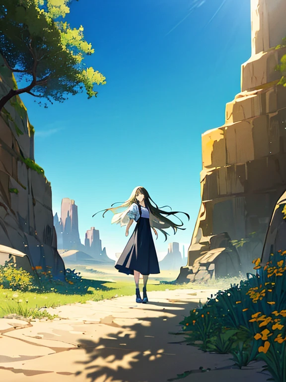 1girl, long_hair, desert_canyon, dress, windblown, serene_expression, dreamy_look, rocky_walls, drought_resistant_flora, vibrant_colors, blue_sky, sunny