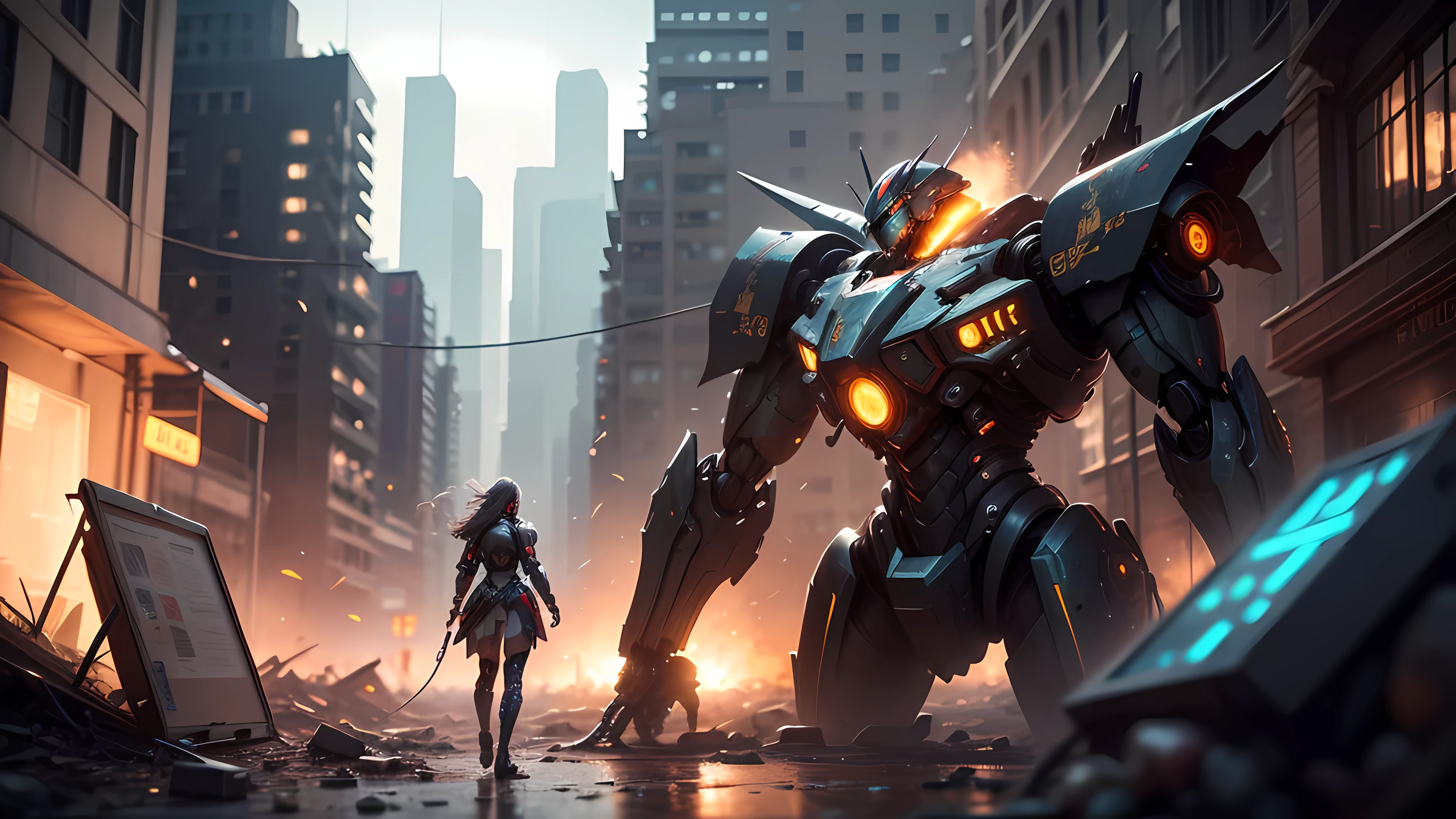 ((Best quality)), ((masterpiece)), (highly detailed:1.3), 3D,Shitu-mecha, beautiful cyberpunk women with her mecha in the ruins of city from a forgoten war, ancient technology,HDR (High Dynamic Range),Ray Tracing,NVIDIA RTX,Super-Resolution,Unreal 5,Subsurface scattering,PBR Texturing,Post-processing,Anisotropic Filtering,Depth-of-field,Maximum clarity and sharpness,Multi-layered textures,Albedo and Specular maps,Surface shading,Accurate simulation of light-material interaction,Perfect proportions,Octane Render,Two-tone lighting,Low ISO,White balance,Rule of thirds,Wide aperature,8K RAW,Efficient Sub-Pixel,sub-pixel convolution,luminescent particles,light scattering,Tyndall effect