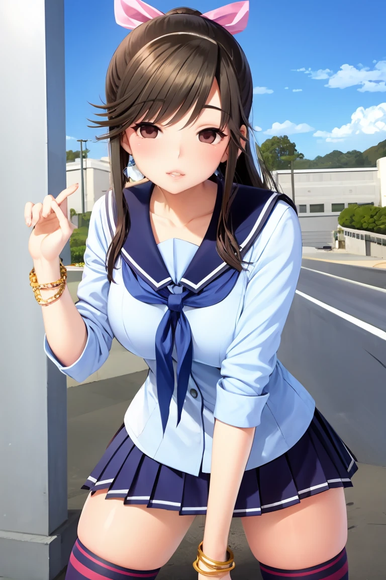 8k, solo beautiful (kogal gyaru) girl, Manaka Takane, ponytail, hair ribbon, false smile,
golden accessory, jewelry, bracelet, [makeup], 
school uniform, serafuku, pleated skirt, zettai ryouiki, skindentation, 
posing for a photo, sexually suggestive, giggling, outdoors