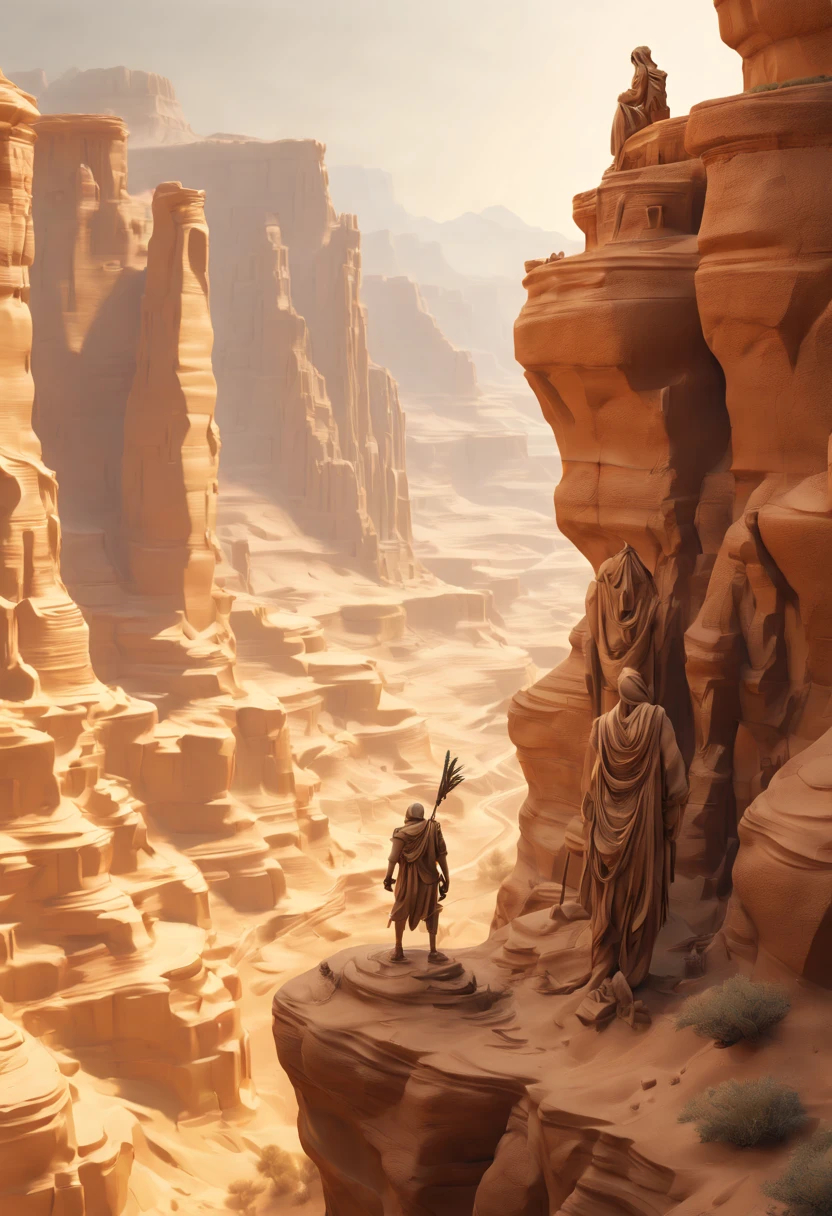 Desert Canyon, sculpture of ancient traveler on Canyon, enhance, intricate, (best quality, masterpiece, Representative work, official art, Professional, unity 8k wallpaper:1.3)