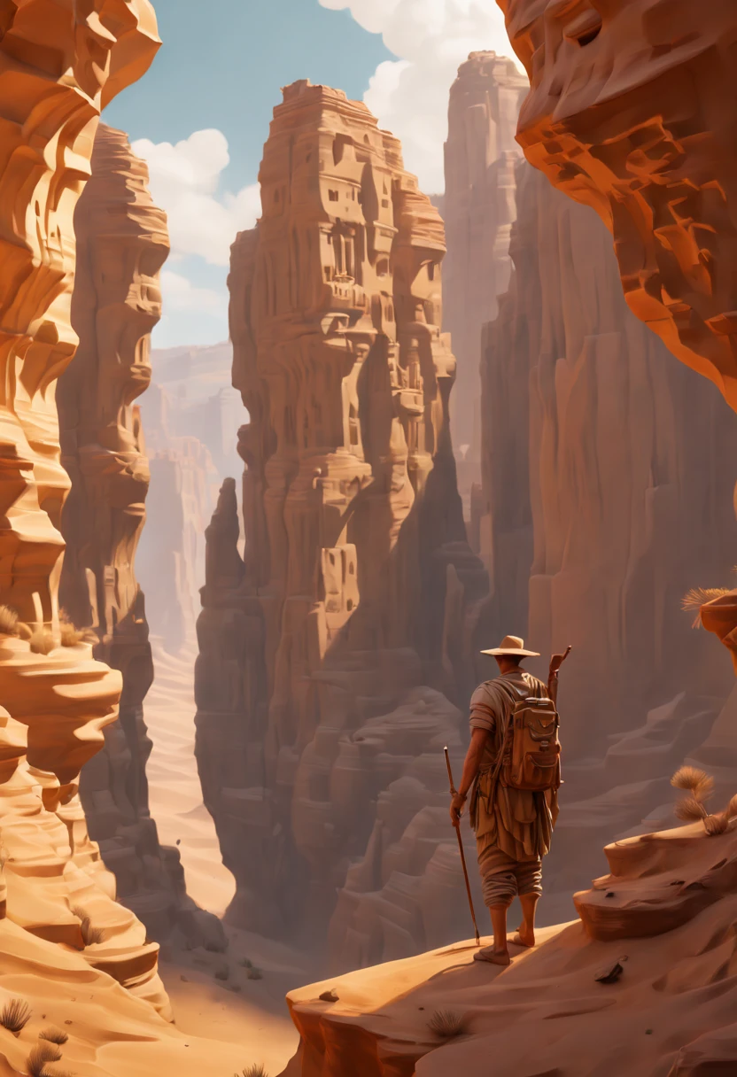 Desert Canyon, sculpture of ancient traveler on Canyon, enhance, intricate, (best quality, masterpiece, Representative work, official art, Professional, unity 8k wallpaper:1.3)