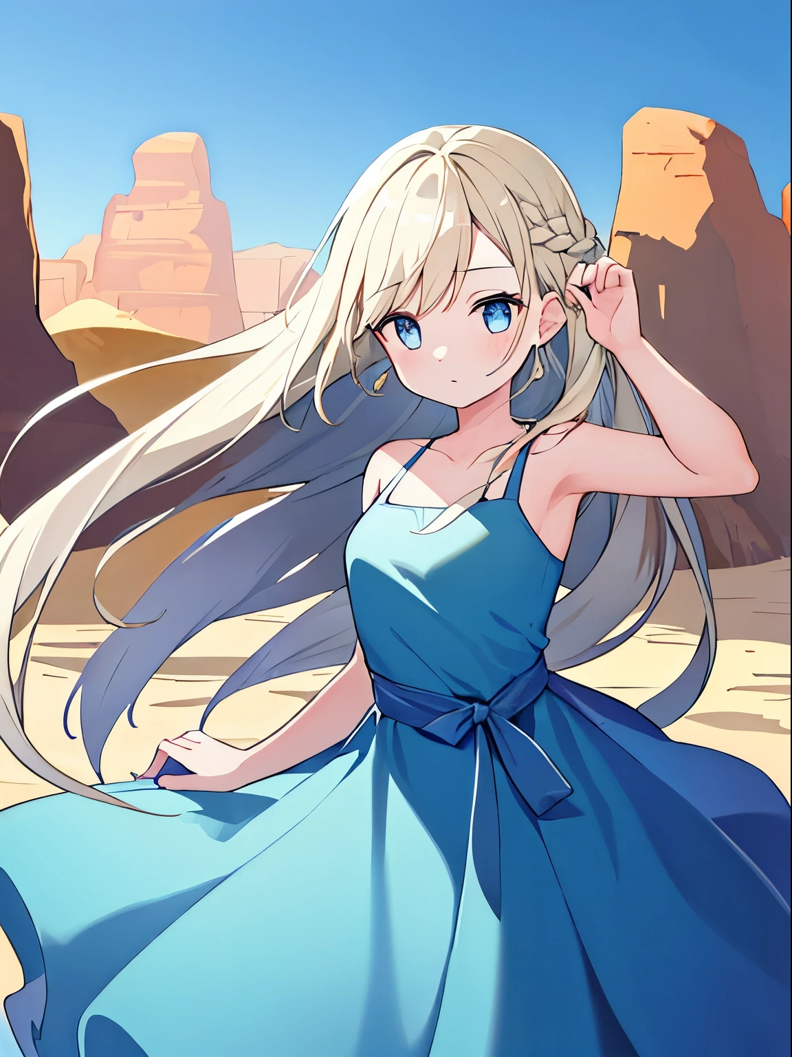 1girl, long_hair, desert_canyon, dress, windblown, serene_expression, dreamy_look, rocky_walls, drought_resistant_flora, vibrant_colors, blue_sky, sunny