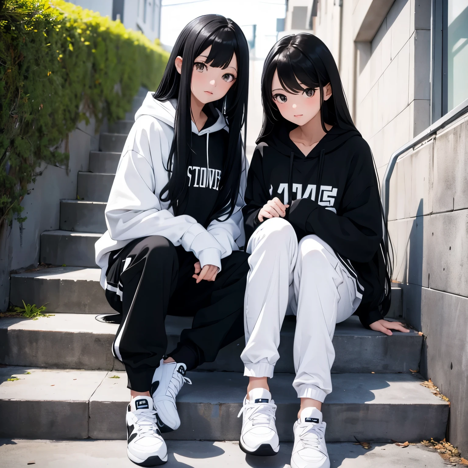 Two beautiful and cute girls, long black hair, white and black hoodie, trousers, sneakers, decent, sit, stairs