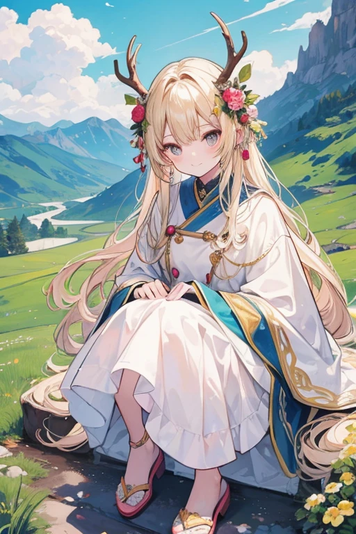 unparalleled beauty,perfect face、stream、grassland、A smile illuminated by the morning sun、beautiful mountain scenery、,perfect eyes、old-fashioned costume、retro style、Deer antlers grow from the head、、golden eyes、blonde、shy smile、、luxury brand clothes、outerwear、National costume、ファッションmodel、model、、Full body Esbian,