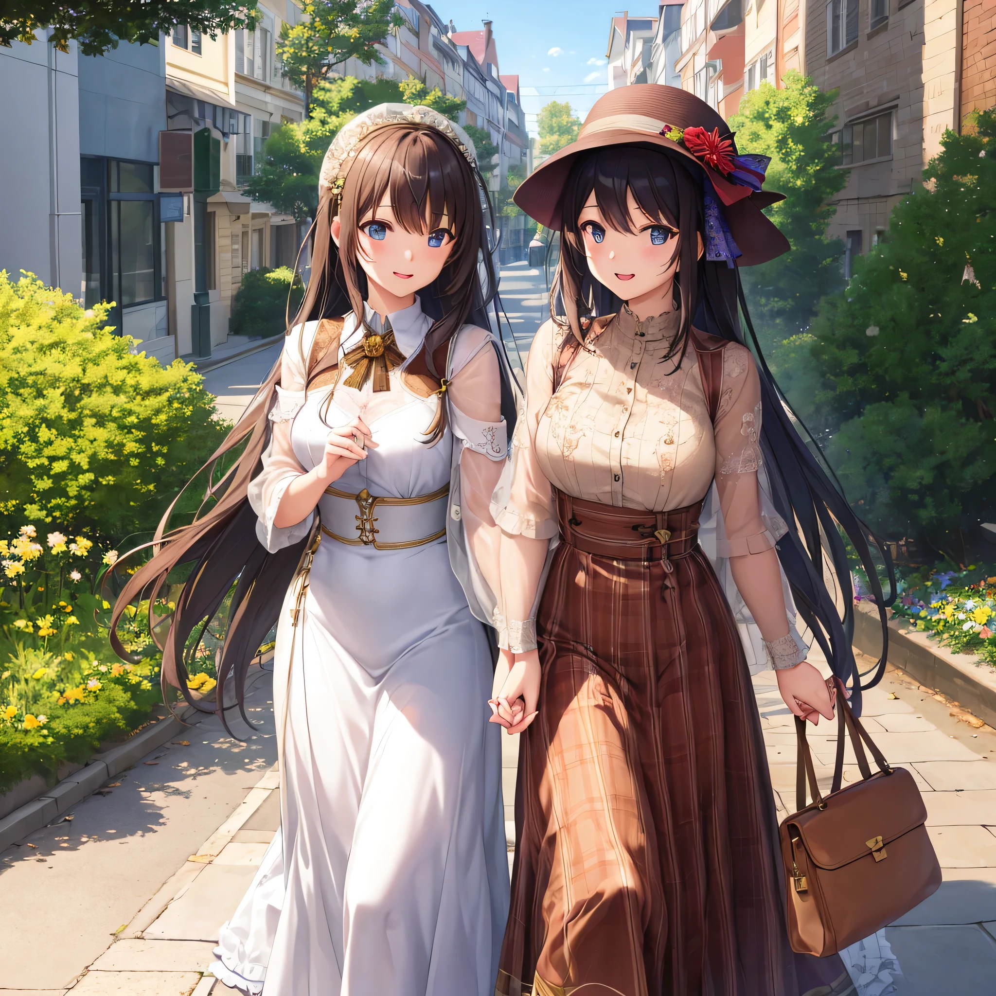 (masterpiece:1.3)), best quality, highly detailed, anime art, special details, illustration, (Medium wide shot), soft lighting, (two people), highly detailed eyes, highly detailed face, ((two people holding hands, standing on the street), blue sky, 3D two-dimensional, 8K, clear, master's work