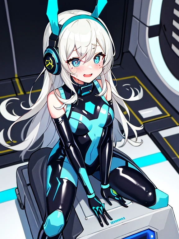(Equestrian machine):1.3、乗馬マシーンにstraddle、straddle:1.3,Tubes and cables、holds the smartphone in her hand、(Interior of white cyberpunk futuristic space station)、1 girl、solo、full body painting、chest、Sweat、tears、heart-shaped pupil、Ahegao、Steamed body、(blue and black bodysuit):1.2、(Futuristic latex bodysuit space suit):1.1,headphone、V arm、(blush:1.3)