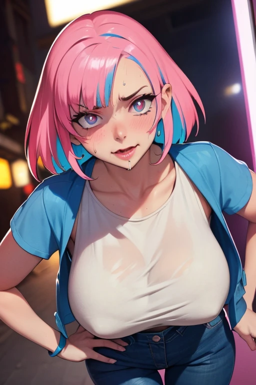 (8K, Raw photography, Top image quality, A masterpice: 1.4), ultra high def, (Realstic, photorealestic: 1.48), super linda, is in the middle of the street of a cyberpunk city, wearing dark blue pants, a very transparent white t-shirt making it possible to see your cleavage, e uma jaqueta preta aberta no meio, it's super sexy, she is looking at the camera with a naughty expression, olhos cristalizados e lindos, neon lights are being reflected on her, the city is full of neon lights and nightclubs, You can tell she's on a dirty street, the background is blurred giving focus only to her in the image, half-length photo very close to her face, she is sweating with lust