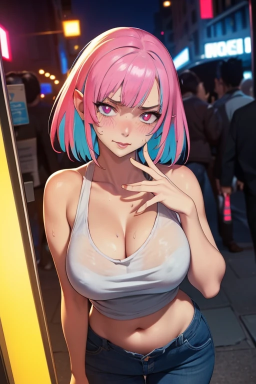 (8K, Raw photography, Top image quality, A masterpice: 1.4), ultra high def, (Realstic, photorealestic: 1.48), super linda, is in the middle of the street of a cyberpunk city, wearing dark blue pants, a very transparent white t-shirt making it possible to see your cleavage, e uma jaqueta preta aberta no meio, it's super sexy, she is looking at the camera with a naughty expression, olhos cristalizados e lindos, neon lights are being reflected on her, the city is full of neon lights and nightclubs, You can tell she's on a dirty street, the background is blurred giving focus only to her in the image, half-length photo very close to her face, she is sweating with lust