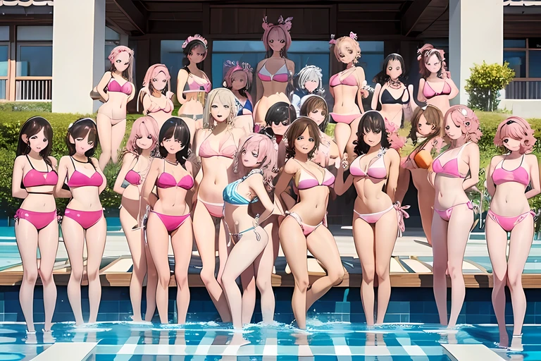Perfect anime illustration, girls, clone, The same sisters, The sisters huddled together, sisters in background, Match hairstyles, brown hair, curls, Match hairstyle, hazel eyes, Smile, ((Pink the bikini, Matching bikini)), Indoor pool, high resolution, whole body