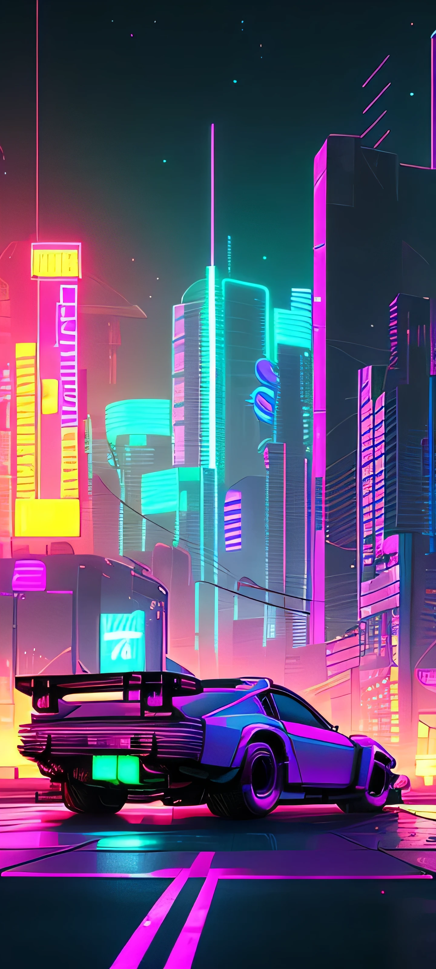 arafed car in a futuristic city with a neon background, art deco outrun anime aesthestic, masterpiece epic retrowave art, cyberpunk art style, retrowave epic art, retrowave art, epic retrowave art, retrowave noir, cyberpunk landscape wallpaper, cyberpunk vibe, retro cyberpunk, outrun art style, synthwave city, cyberpunk vibrant colors
