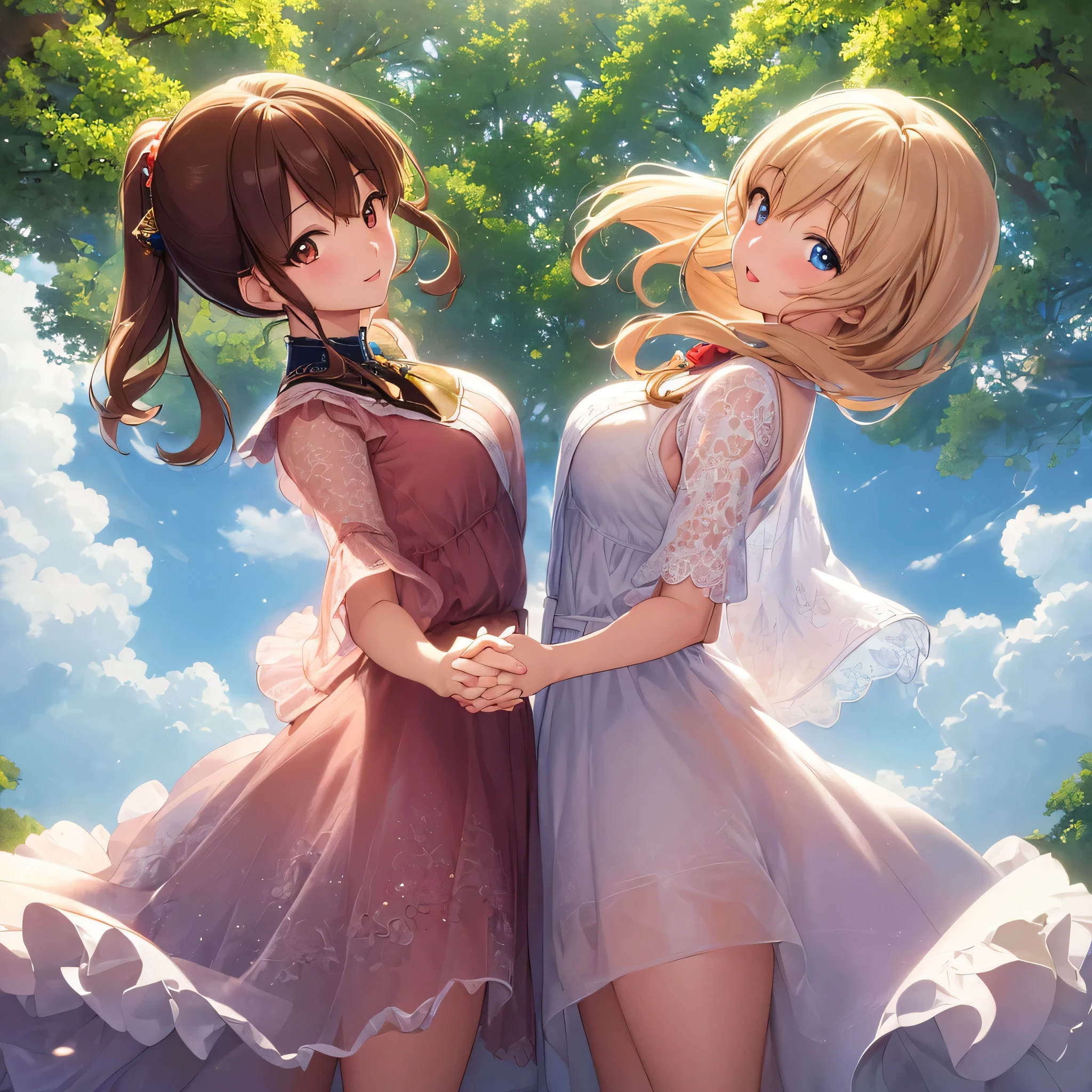 (masterpiece:1.3)), best quality, highly detailed, anime art, special details, illustration, (close up shot), soft lighting, (two people), ((couple)), highly detailed eyes, highly detailed face, ((two people holding hands, standing on the street), blue sky, 3D two-dimensional, 8K, clear, master's work