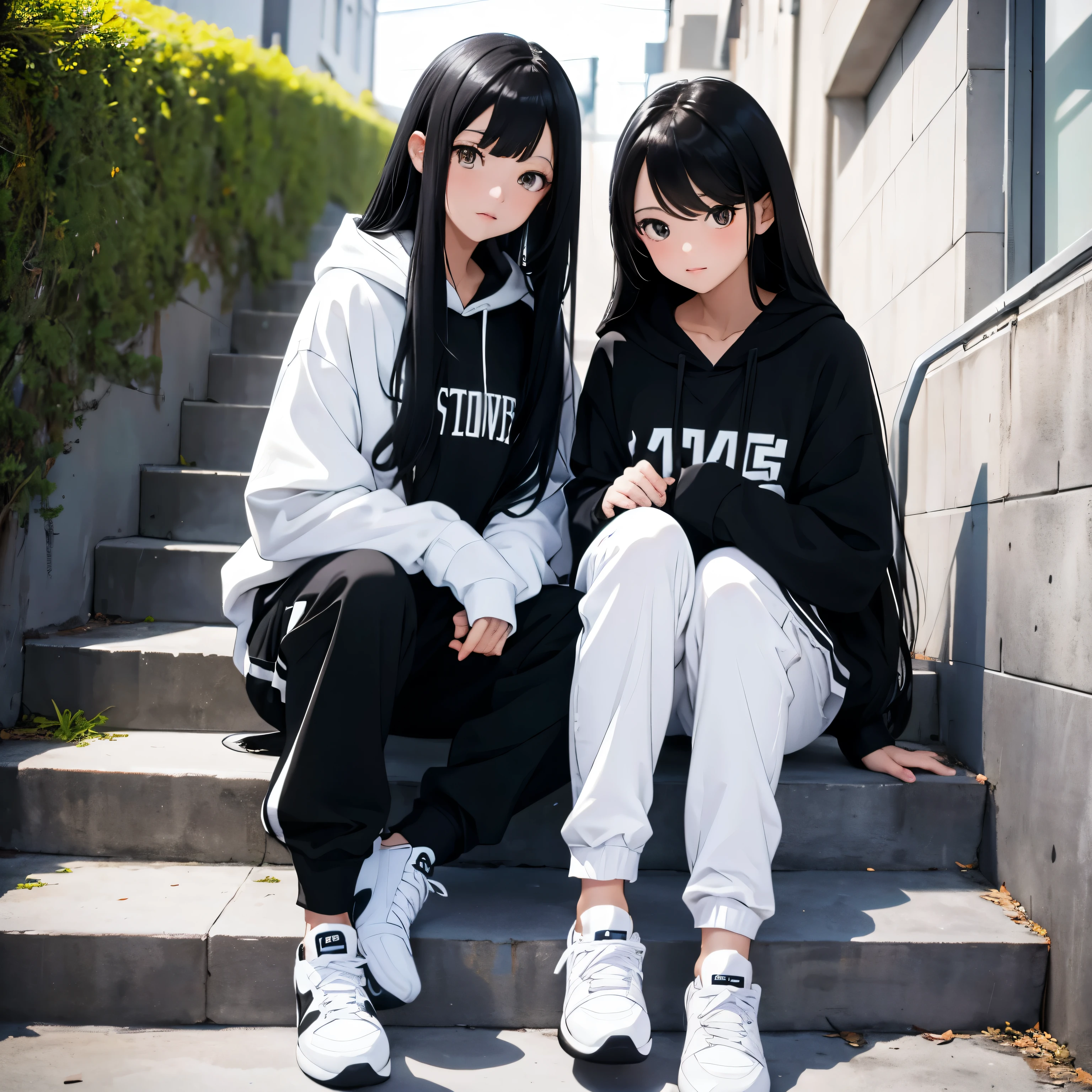 Two beautiful and cute girls, long black hair, white and black hoodie, trousers, sneakers, decent, sit, stairs
