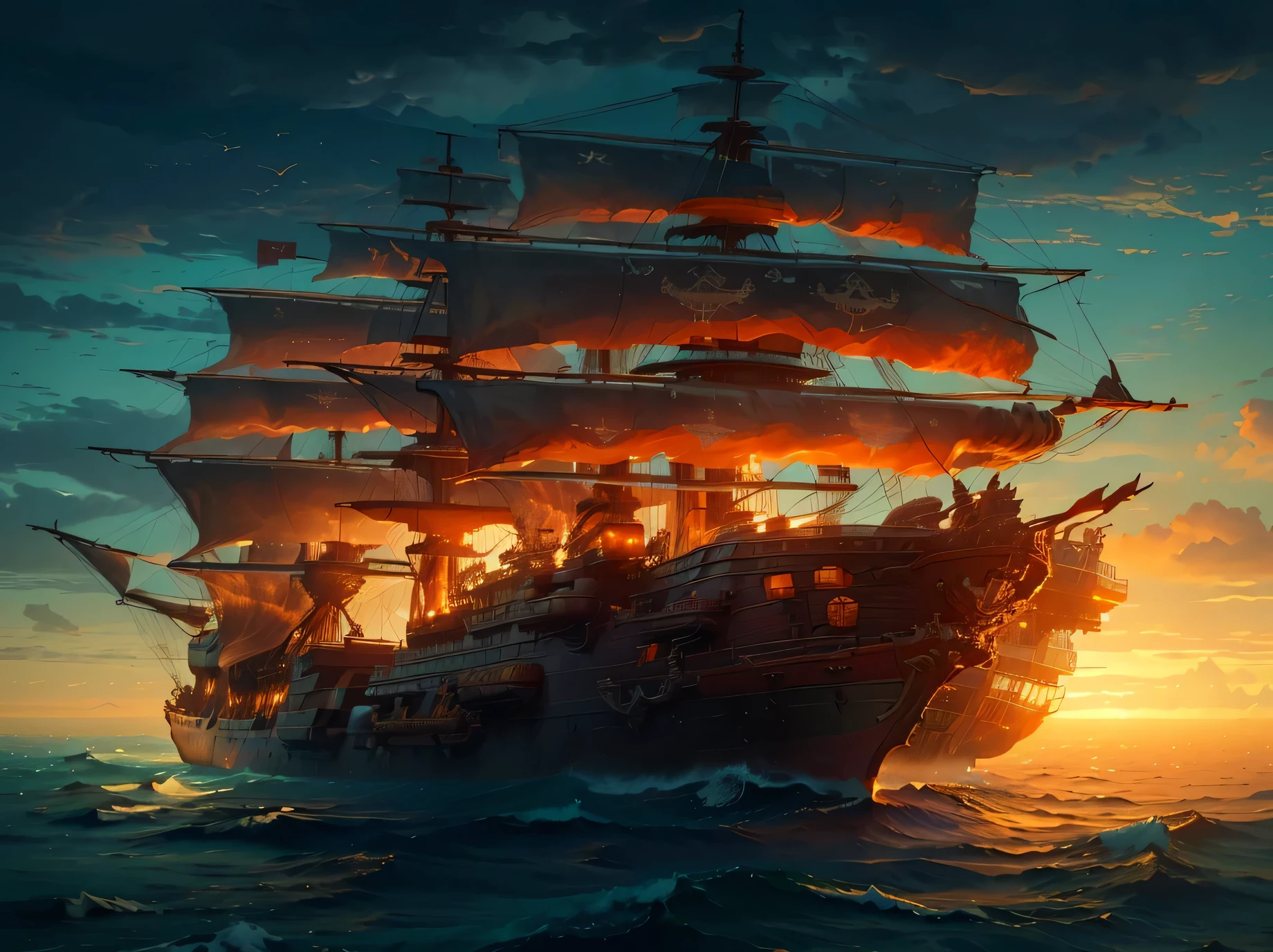 painting of a ship in the ocean with a sunset in the background, detailed cover artwork, amazing wallpaper, pirate ship, old pirate ship, gothic ship on ocean, 4k highly detailed digital art, burning ships, inspired by gaston bussiere, by Roman Bezpalkiv, detailed painting 4 k, by Arthur Pan, by Aleksander Gine