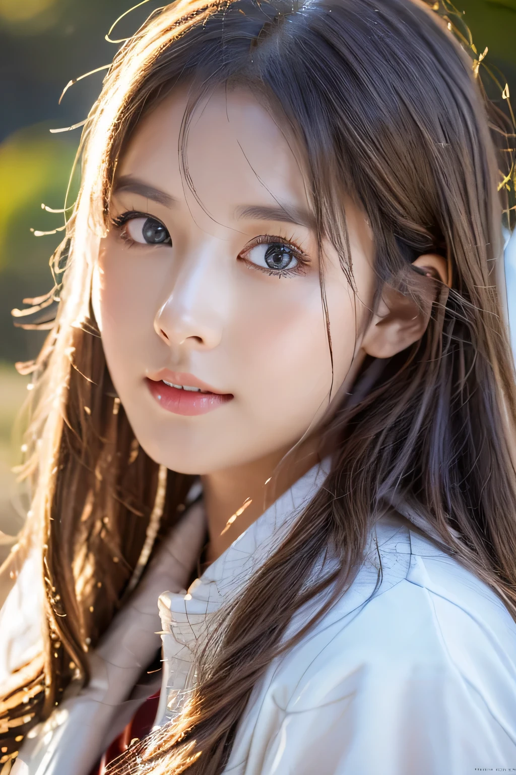 1girl, (outside, snowy japanese garden), best quality, ultra-detailed, masterpiece, finely detail, highres, 8k wallpaper, (frontal view), (full body view), (full body visible), (looking at viewer:1.2), (eye contact), (looking at camera), (face visible:1.5), (perfect face:1.8), beautiful face, light brown hair, long wavy hair, perfect makeup, white skin,