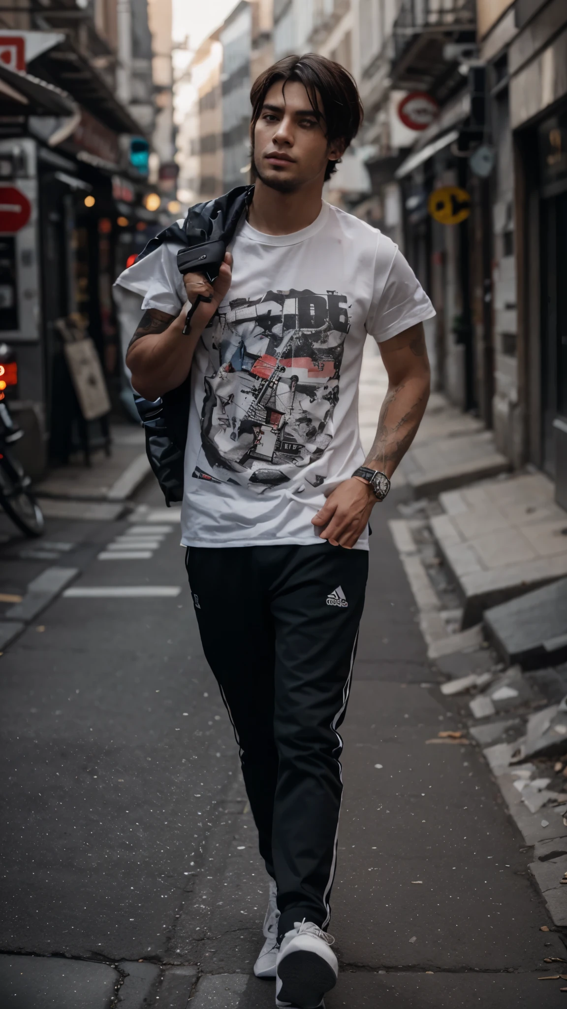 Change background cyberpunk handsome boy, realistic face, 10k, ultra realistic, Black jacket, Premium shoes