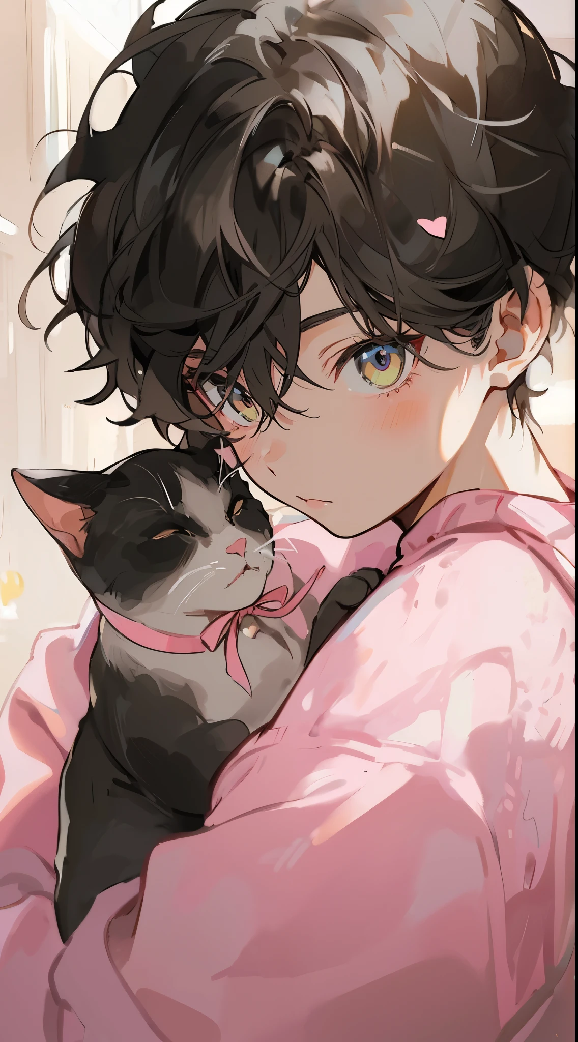 Beautiful young man, black hair, short hair, pink sweater, black cat with pink ribbon, just before kissing, cute and stylish room,high quality, amount of drawing, pixiv illustration, Japanese anime, Clear line drawing, transparent watercolor, clear shading