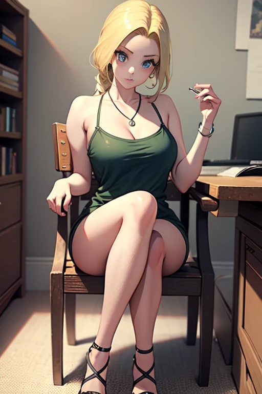 Bianca \(dragon quest\), bianca, dragon quest, (masterpiece, best quality, 4k, photorealistic, cinematic, ultra-detailed), wide shot, full body, perfect anatomy, curvaceous body, perfect eyes, perfect hands, large chest, long round legs, 1 girl, blonde hair, sitting in an office chair, ivory silk camisole top, olive green cropped trousers, tan strappy heels, effortless half-up half-down hairstyle, delicate layered necklace