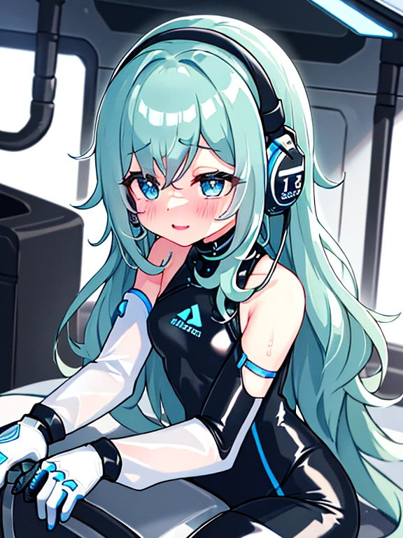 （Equestrian machine):1.3、乗馬マシーンにstraddle、straddle:1.3,Tubes and cables、holds the smartphone in her hand、(Interior of white cyberpunk futuristic space station)、1 girl、solo、full body painting、?????、Sweat、tears、heart-shaped pupil、??????、Steamed body、(blue and black ????????):1.2、(Futuristic latex ???????? space suit):1.1,headphone、V arm、(blush:1.3)