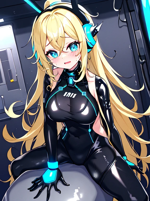（Equestrian machine):1.3、乗馬マシーンにstraddle、straddle:1.3,Tubes and cables、holds the smartphone in her hand、(Interior of white cyberpunk futuristic space station)、1 girl、solo、full body painting、chest、Sweat、tears、heart-shaped pupil、Ahegao、Steamed body、(blue and black bodysuit):1.2、(Futuristic latex bodysuit space suit):1.1,headphone、V arm、(blush:1.3)