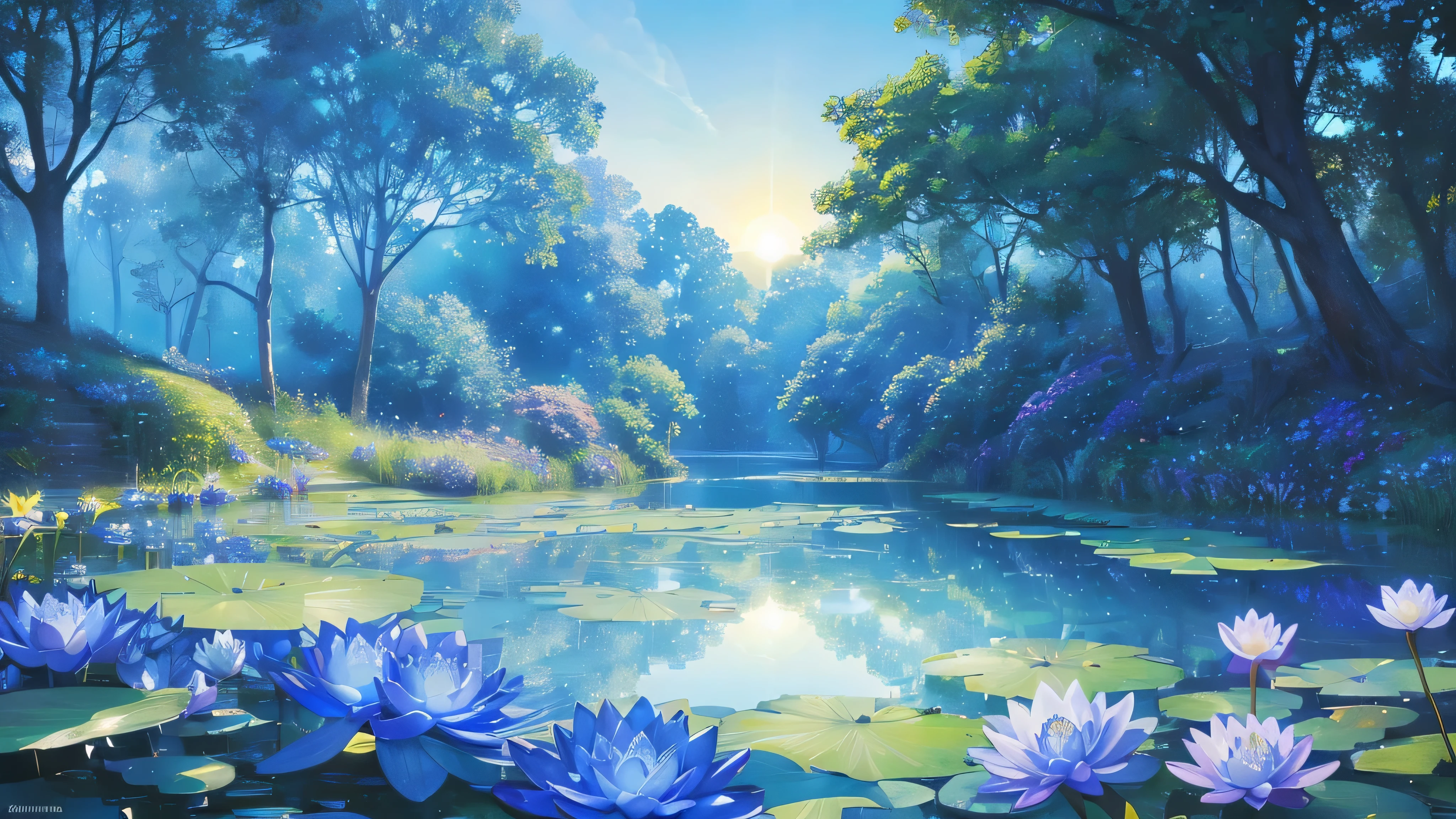 (digital art of) (blue spring) (ultraviolet light, bright color of blue, High resolution),(Background without humans),（landscape without animals）、(landscape:0.9),(blue tone),(soft lighting),(dreamy atmosphere),(romantic mood),water lily、(beautiful blue detailed flowers),(reflective water surface),(calm atmosphere),(elegant look),(whispered words),(delicate petals),(rich green),,(subtle wind),,(calm pond),(sparkling sunlight),(artistic brushstrokes),(gentle strokes),(enchanting landscape),(Mysterious)