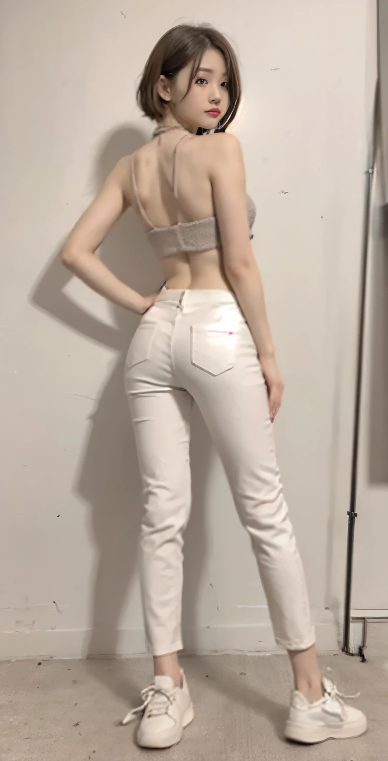 (super high quality、32K、Masterpiece:1.2)、可爱的18岁美女大学生的Full body image、very short short hair、surface focus、knitted halter top、Light gray knit、dew肚脐,dew,White skin,beautiful,A necklace、staring at the audience、Stylish white casual trousers,白色雪尼尔阔腿裤、Stylish white sneakers、posture、sweet expression、Show off your petiteness、slim figure,腿很直很pretty、university campus、Put your hands behind your back,sit with legs together、round buttocks,pretty,Full body image:1.5,White sneakers in view:1.5