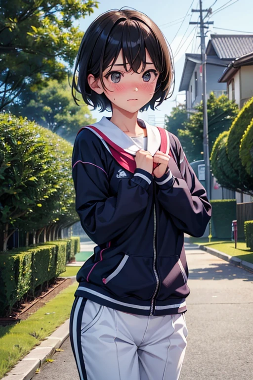very detailed、masterpiece、highest quality、Ultra high decomposition energy A、8K high resolution、Clear like a photo、ultra high resolution、Gradation depiction、photorealistic、Japan、School、tennis uniform, schoolyard、Being a little far away 、based on anthropology、girl、detailed eyes、Funny face、short hair, School、Gym suit、pant lift,(striped panties visible:0.3)、(pubic hair:1.2),,,,contemptuous,disdain,,(cameltoe:0.1),elegant,active angle,dynamism pose, outdoors, (embarrassed:1.3),、upward glance
