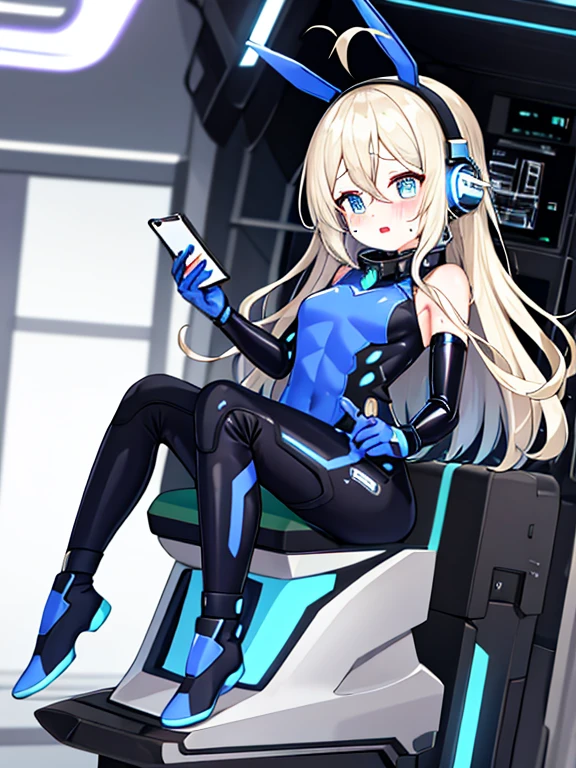 （Equestrian machine):1.3、乗馬マシーンにstraddle、straddle:1.3,Tubes and cables、holds the smartphone in her hand、(Interior of white cyberpunk futuristic space station)、1 girl、solo、full body painting、chest、Sweat、tears、heart-shaped pupil、Ahegao、Steamed body、(blue and black bodysuit):1.2、(Futuristic latex bodysuit space suit):1.1,headphone、V arm、(blush:1.3)